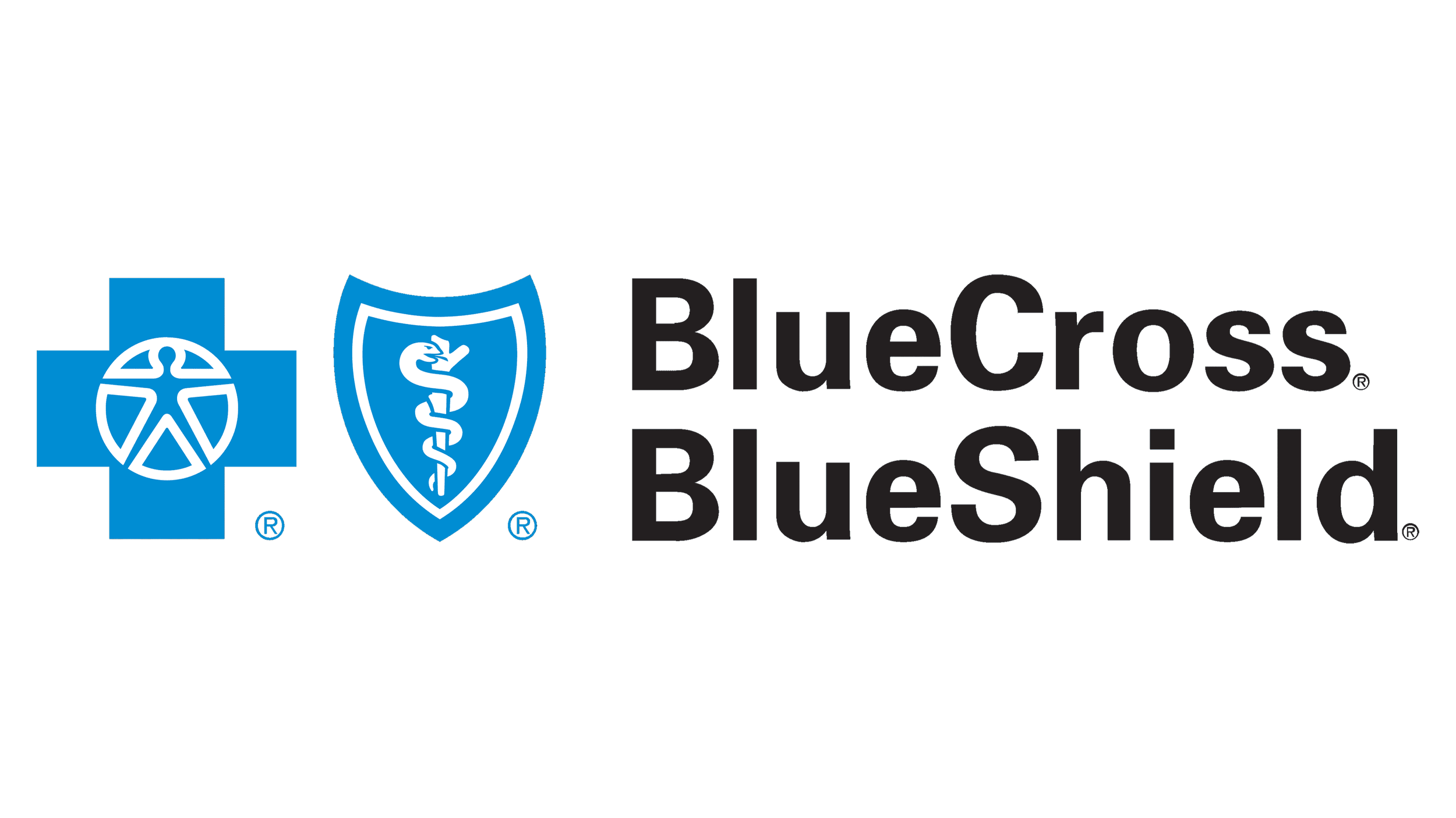 Logos for BlueCross BlueShield, a blue cross, a shield with a snake and staff, and the text 'BlueCross BlueShield'.