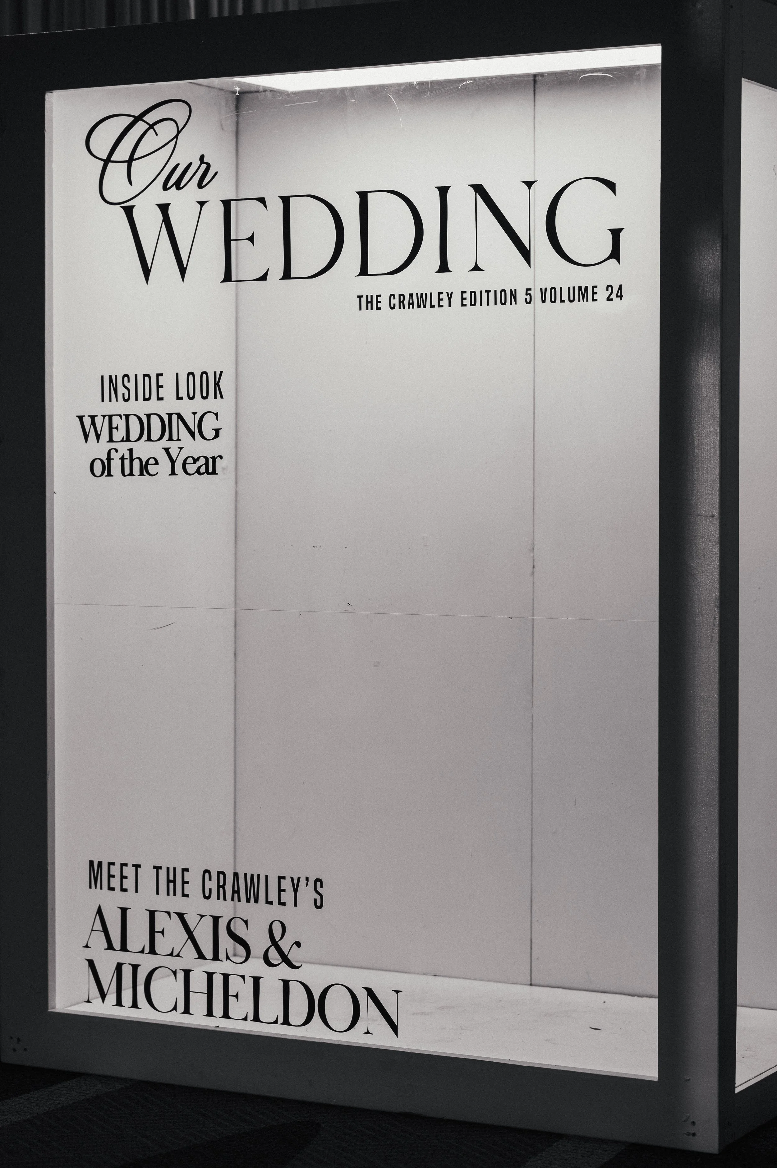 Wedding display with text about inside look, featuring the Crawley family and Alexis and Michael Don.