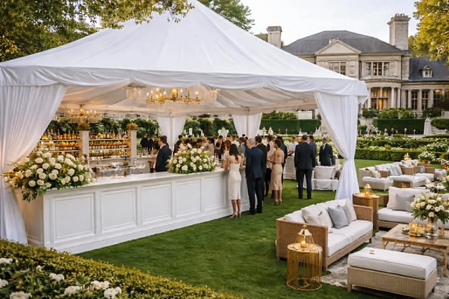 Outdoor wedding reception with white tent, floral arrangements, guests in formal attire, and a grand mansion in the background.
