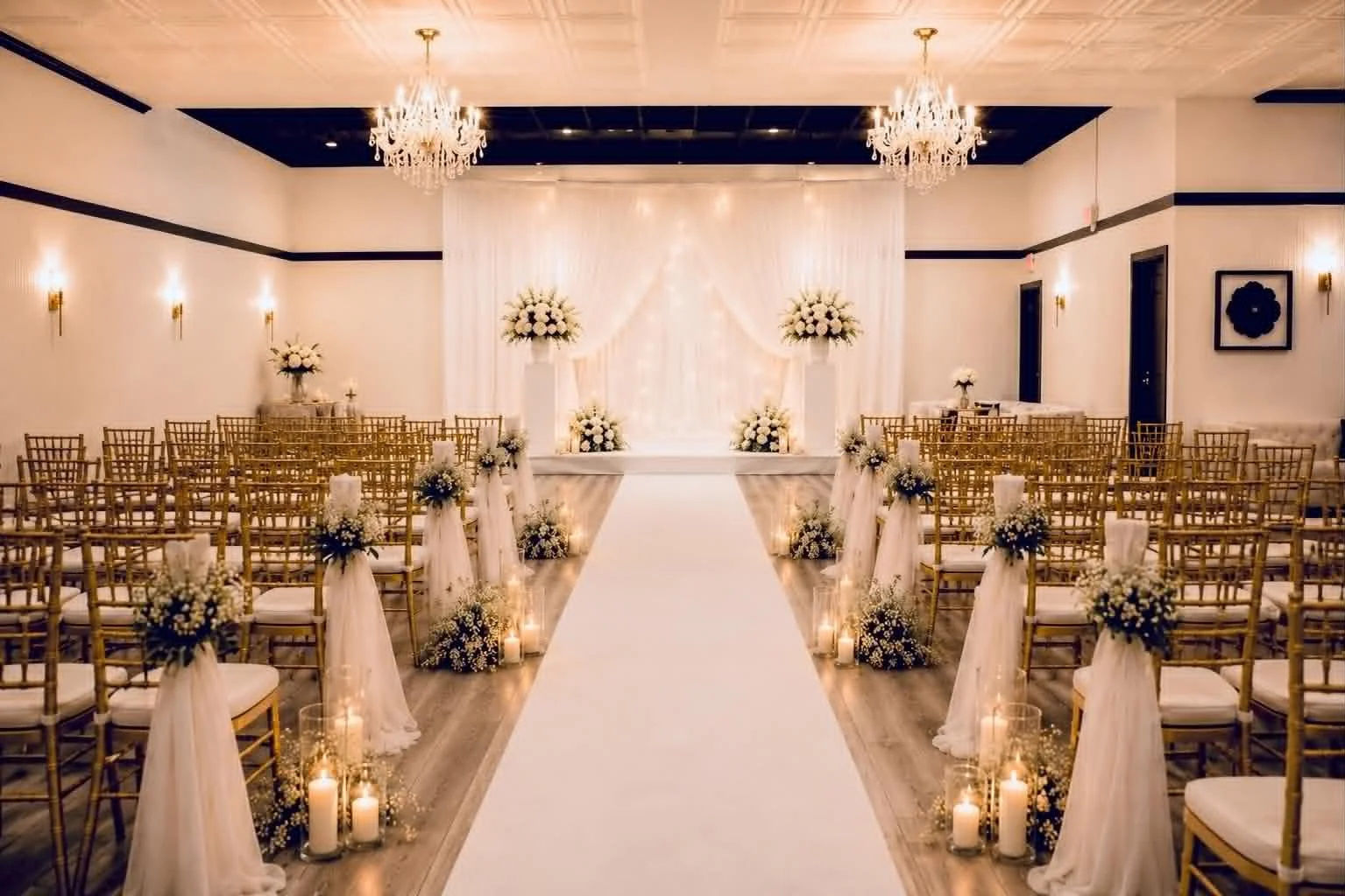 Indoor wedding ceremony setup with rows of gold chairs decorated with white tulle and flowers, a white aisle runner, candles, and floral arrangements leading to a draped backdrop with white flowers, chandeliers, and candles.