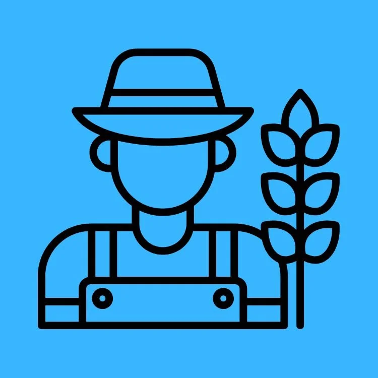 Line drawing of a farmer wearing a hat and overalls, holding a plant with leaves against a blue background.
