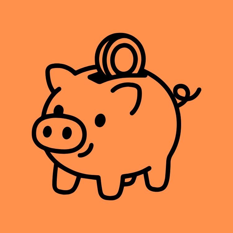 A cute, cartoon-style illustration of a piggy bank with a coin on top, set against an orange background.