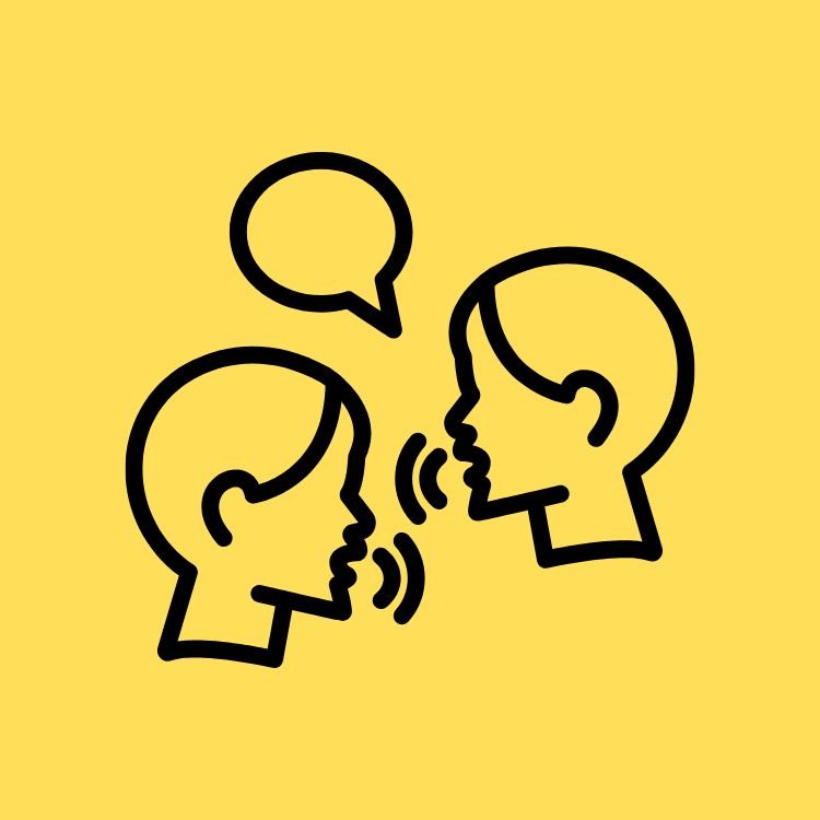 Line drawing of two people talking, facing each other, with speech and sound lines indicating conversation, set against a yellow background.