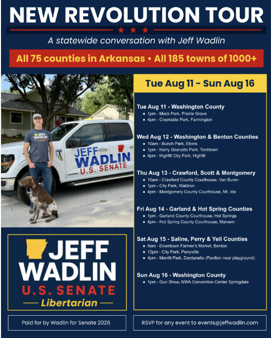 Libertarian U.S. Senate Candidate Jeff Wadlin Continues Statewide Tour Stops August 11–16