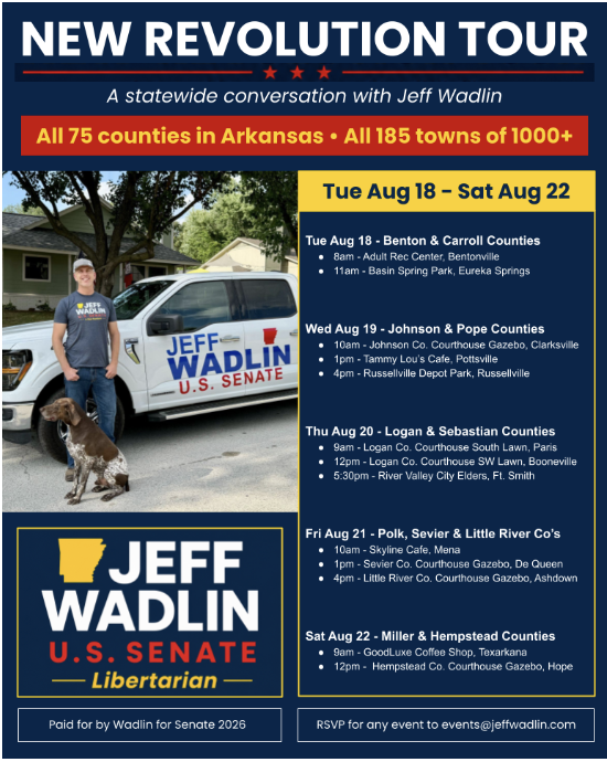 NEW REVOLUTION TOUR: U.S. Senate Candidate Jeff Wadlin Heads into Week 3 of Statewide Campaign Tour