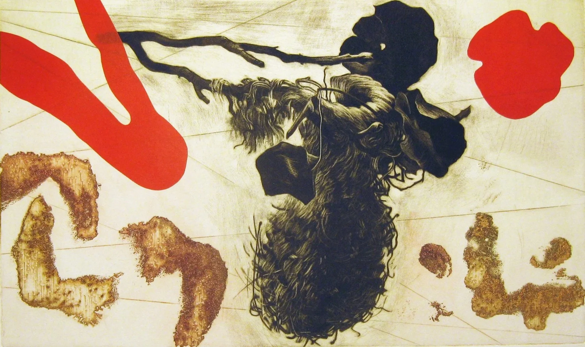 Two large red petal shapes are present, and brown textured areas resembling map land masses are scattered across the background.