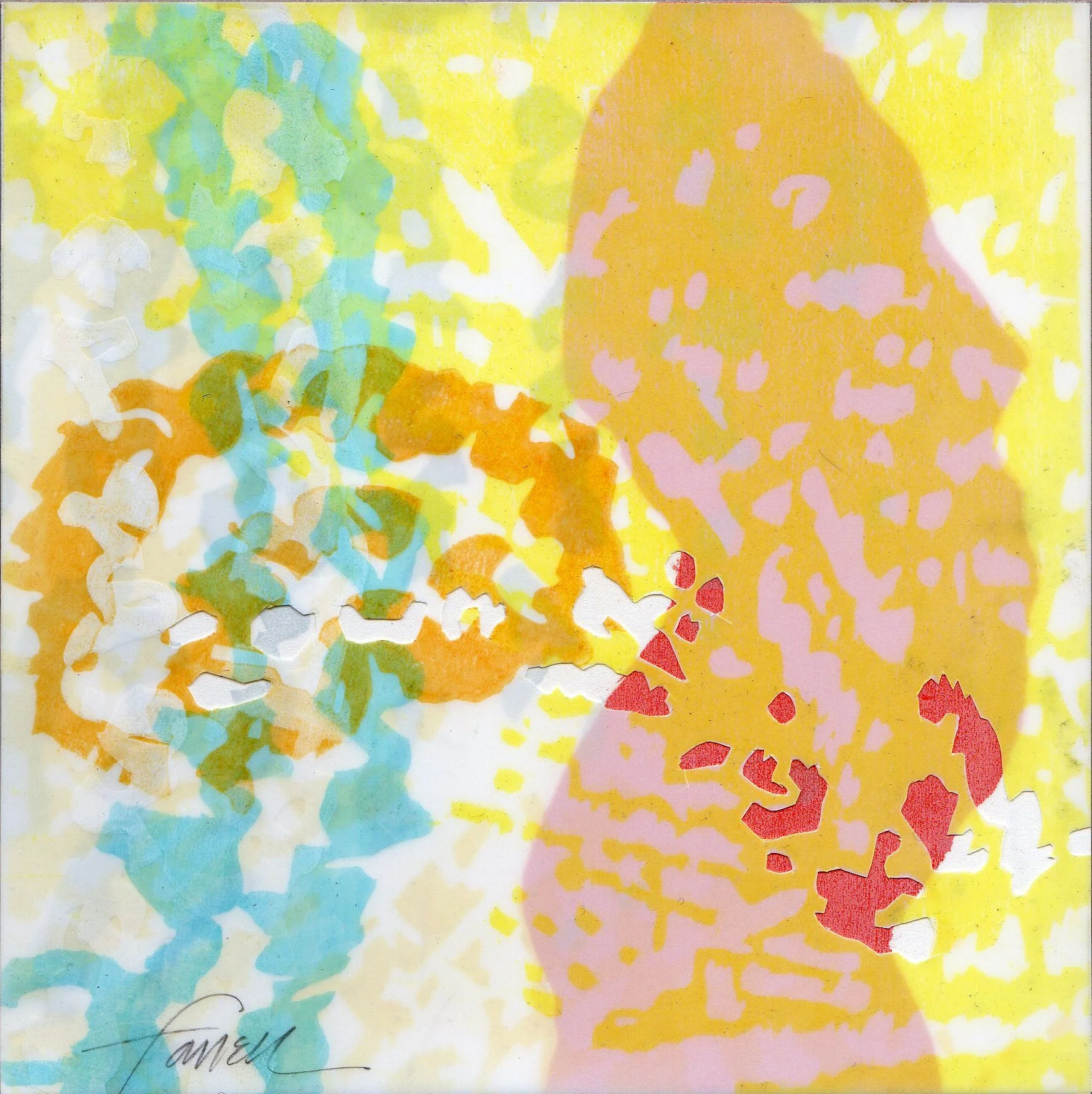Zone 3, Woodcut, monotype, cut work, 6 x 6”, 2017