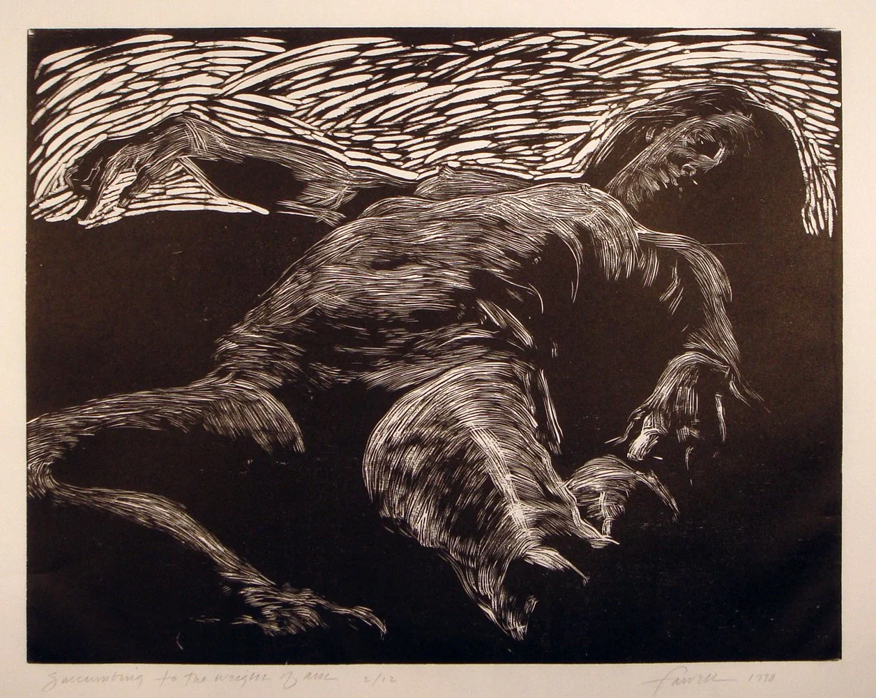 Succumbing to the weight of air, 
Woodcut, 14” x 18”, 1998