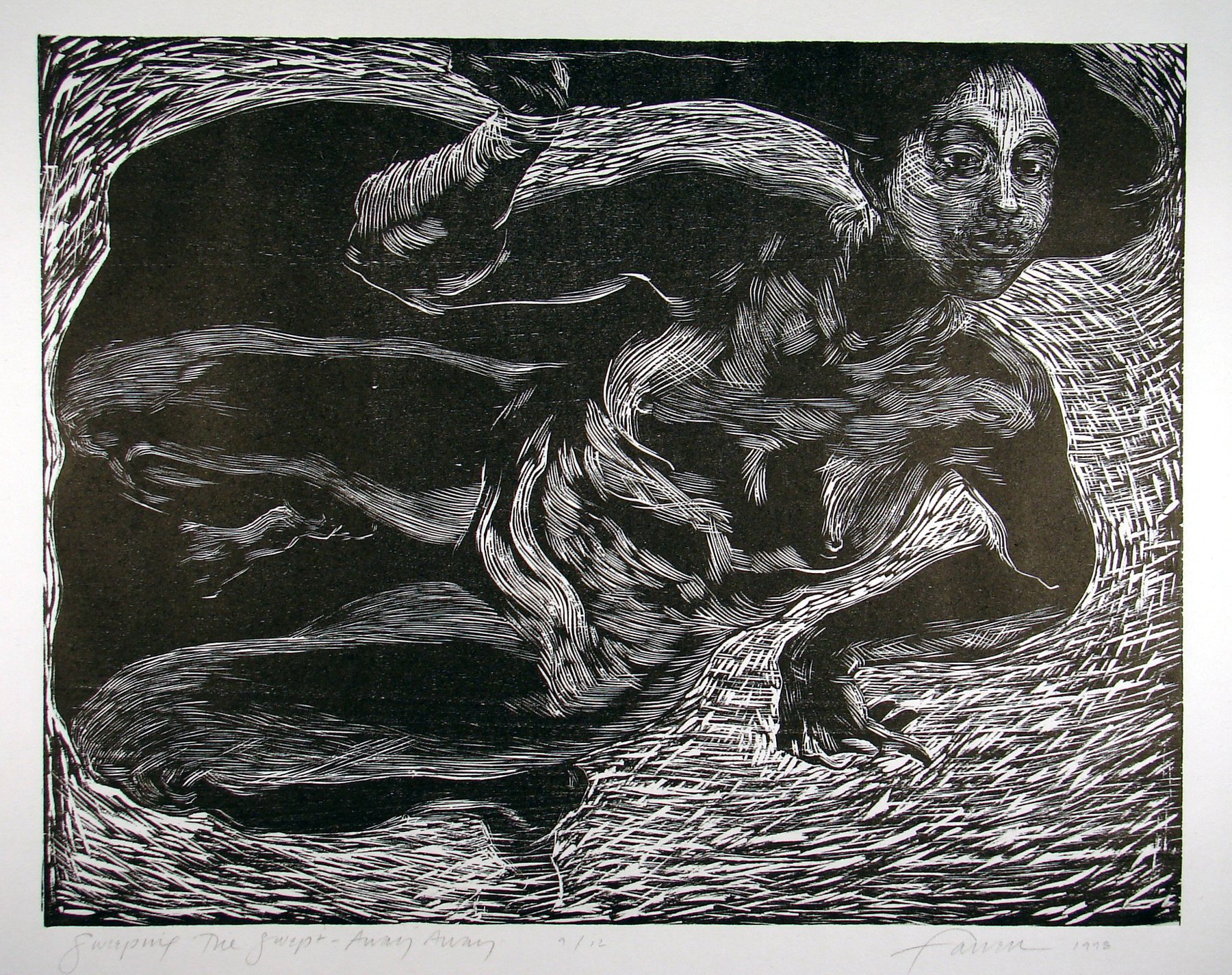 Sweeping the swept away away, 
Woodcut, 14” x 18”, 1998