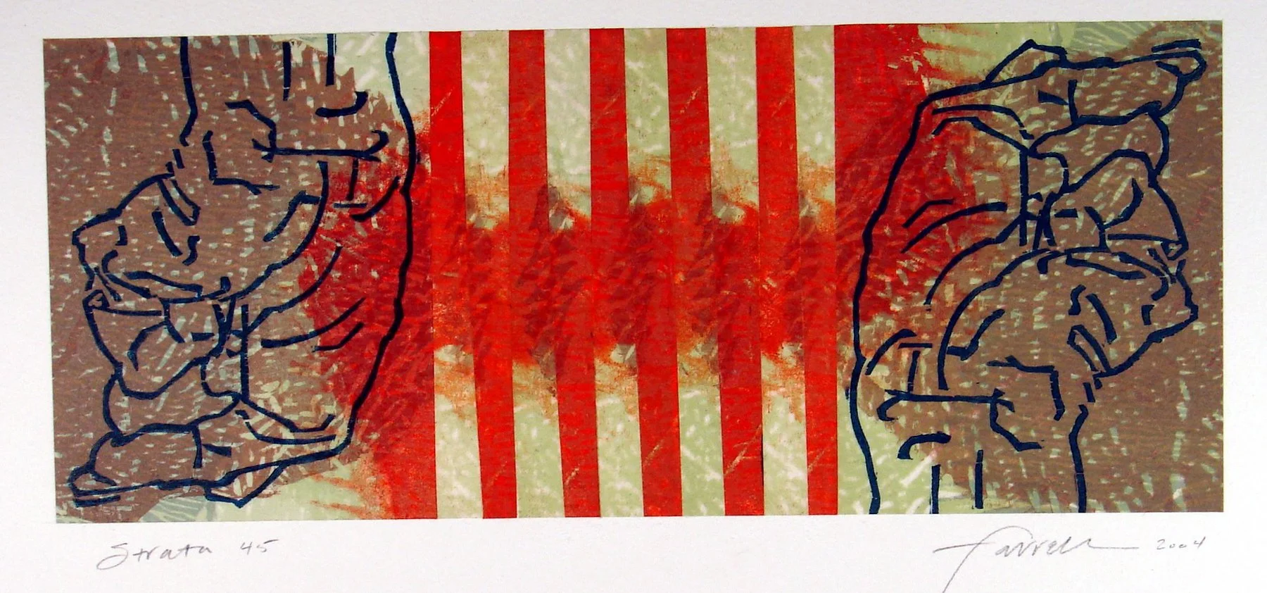 Strata 45, 
Woodcut, collage, 4 ¾” x 11 ¼”, 2004