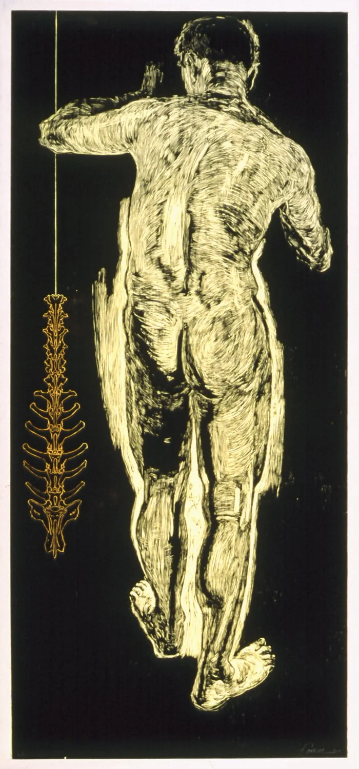 Bones & Skin 1, 
Woodcut, 66” x 30”, 2002