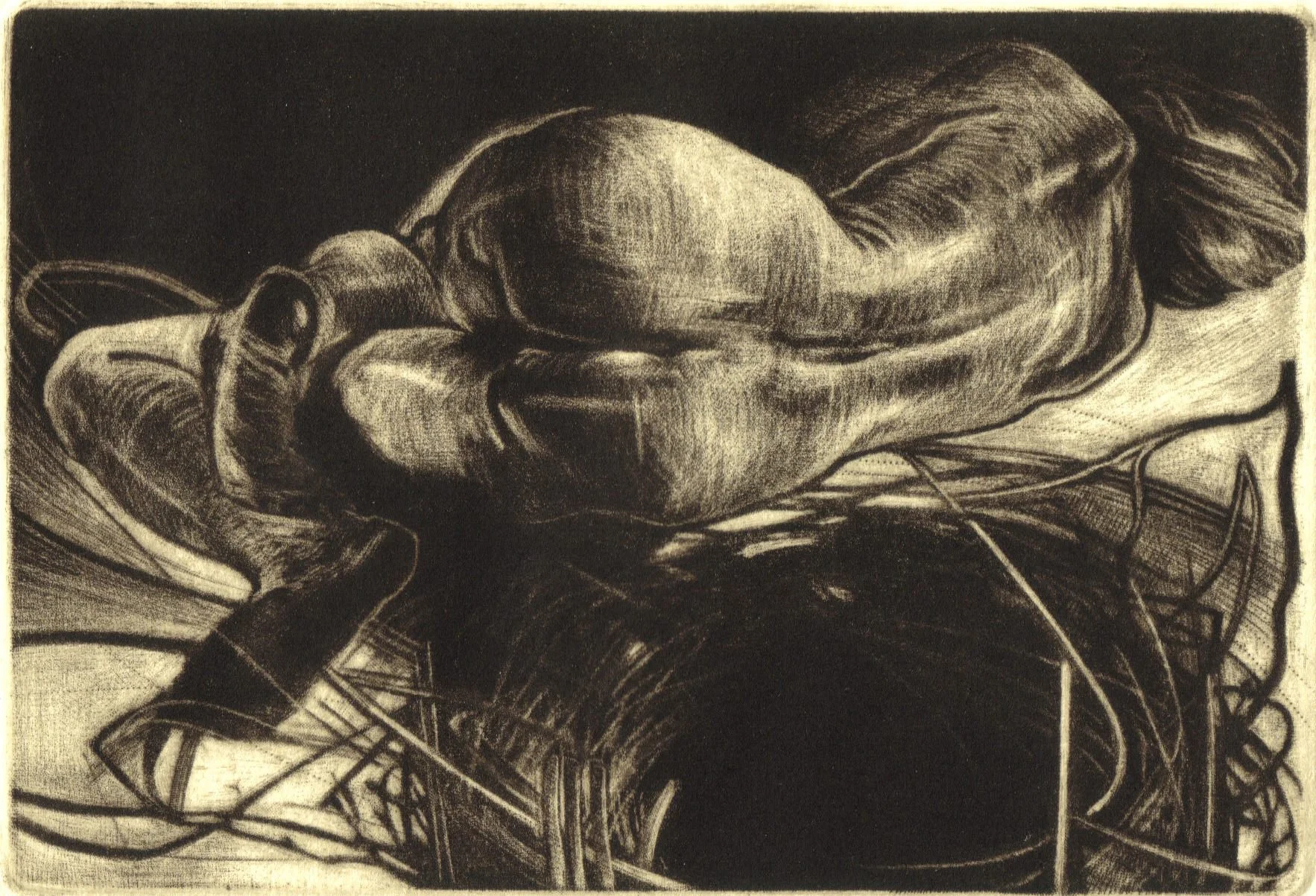 Fetal Dream, 
Mezzotint, drypoint, 4” x 5 7/8”, 2003