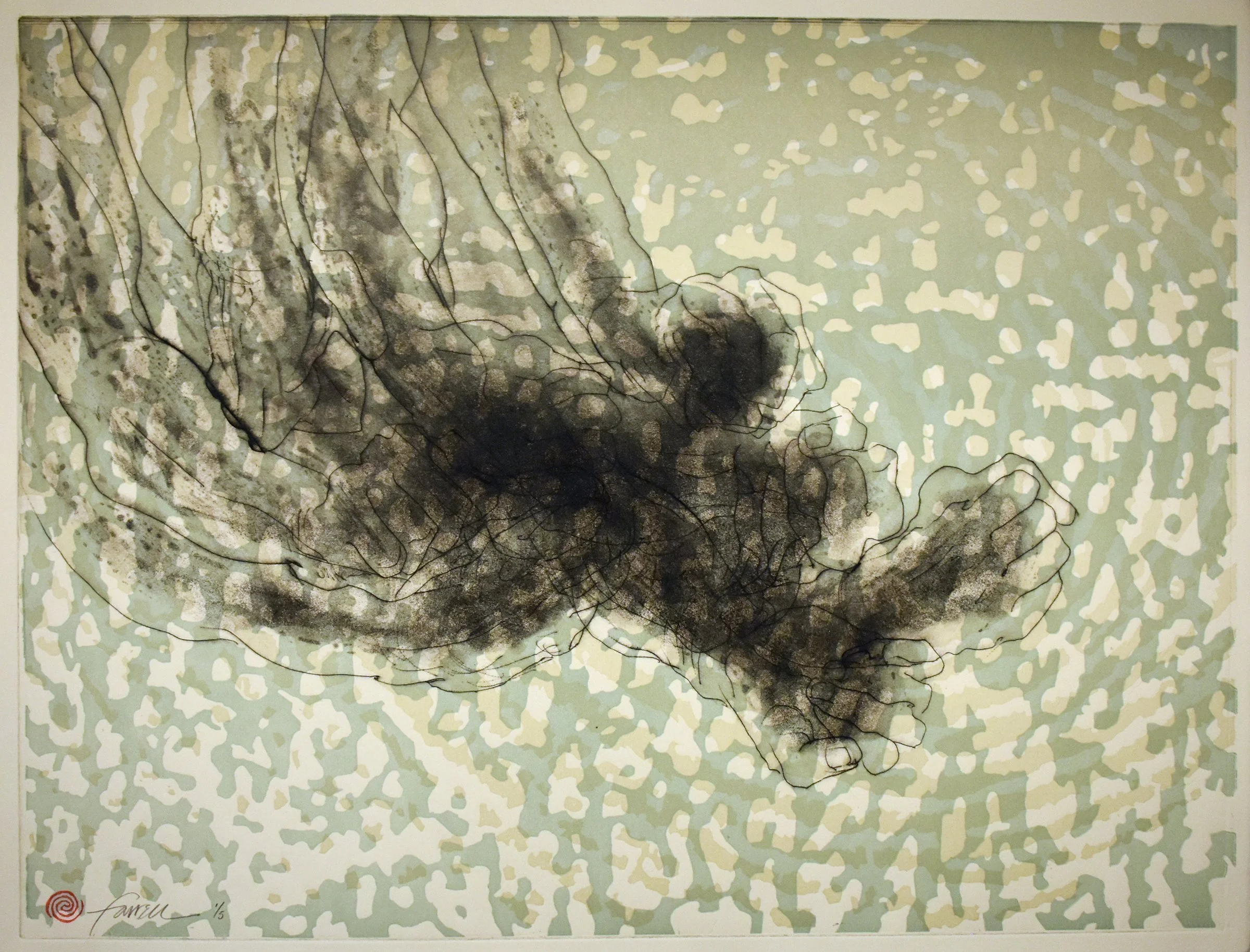 Ashes + Bullets Fill the Air, 
Drypoint, Spitbite, Linocut, Prismacolor, 17 ¾” x 23 ¾”, 2025