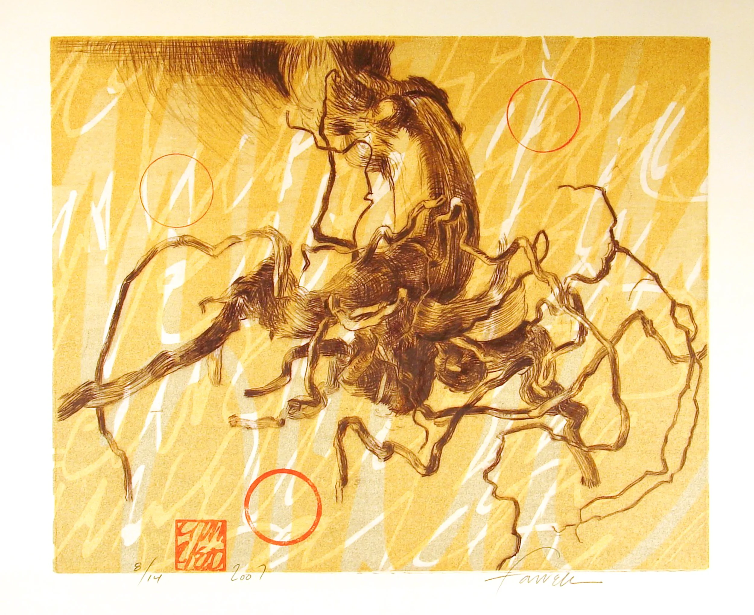 Animate, 
Drypoint, woodcut, 8” x 9 ¾”, 2007
