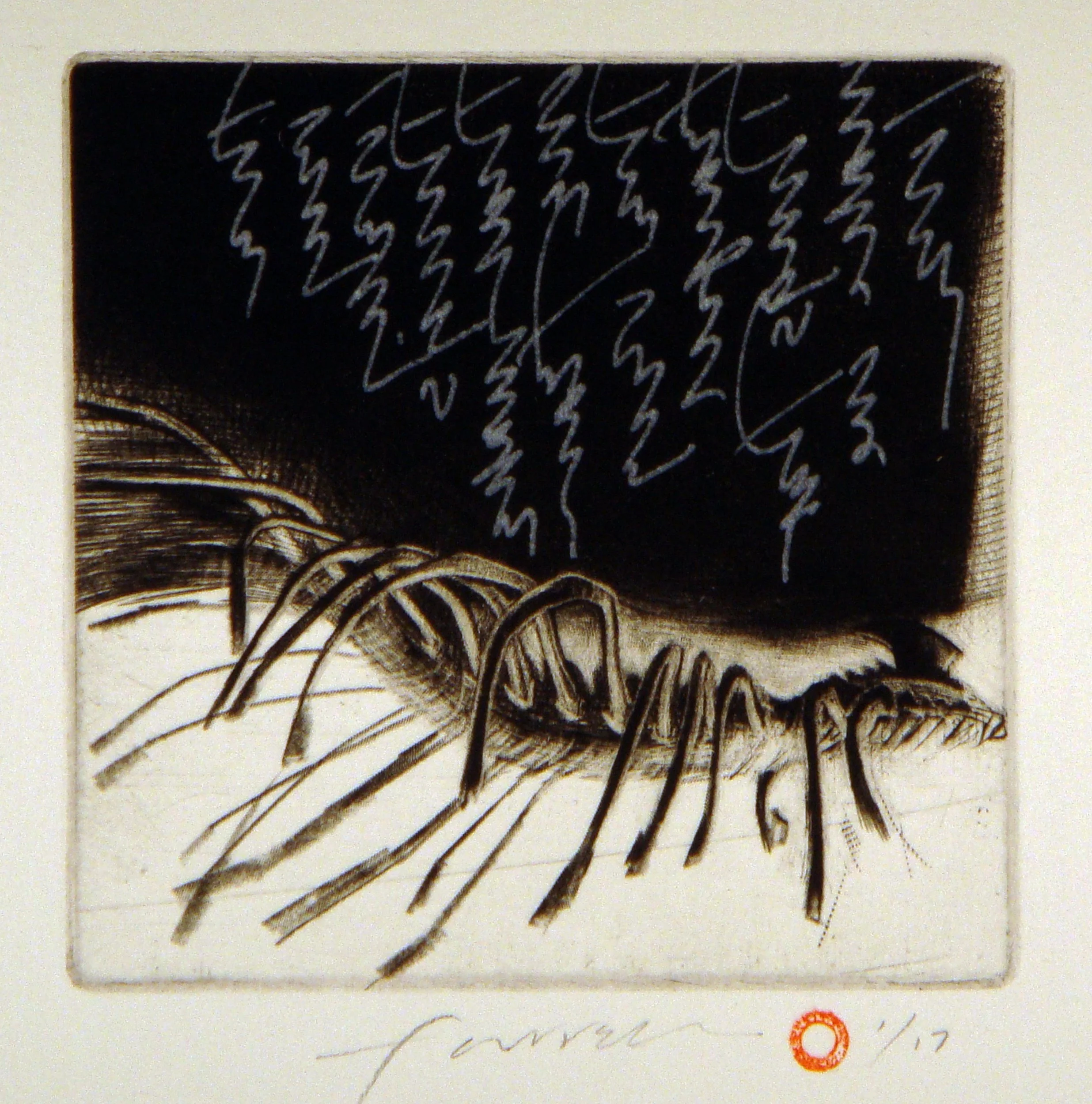Liquid Language, 
Mezzotint, drypoint, lithograph, 4” x 4” 2010