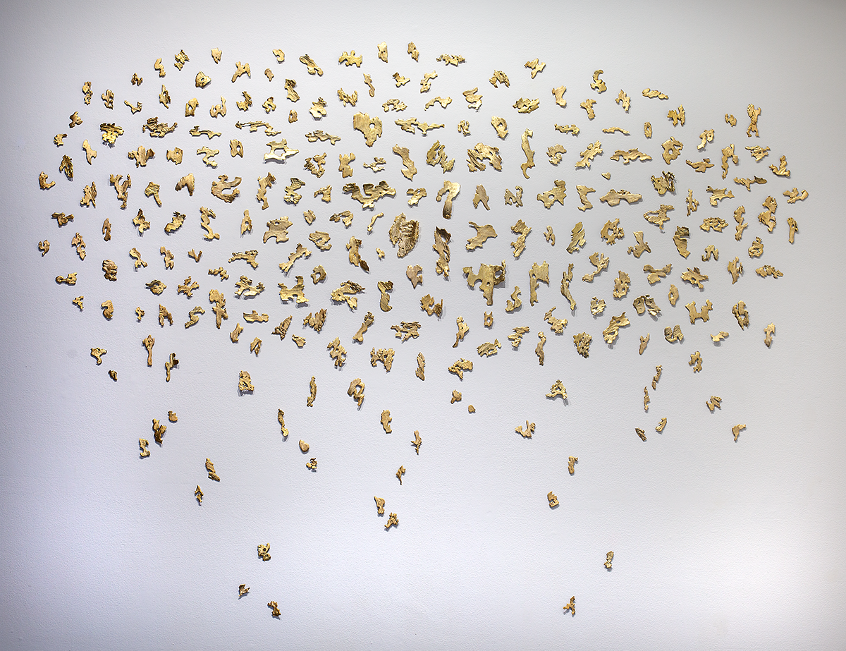 A Tree Speaks, 
Ponderosa Pine Bark & Gold Leaf, installation view, approx. 6”, 2024