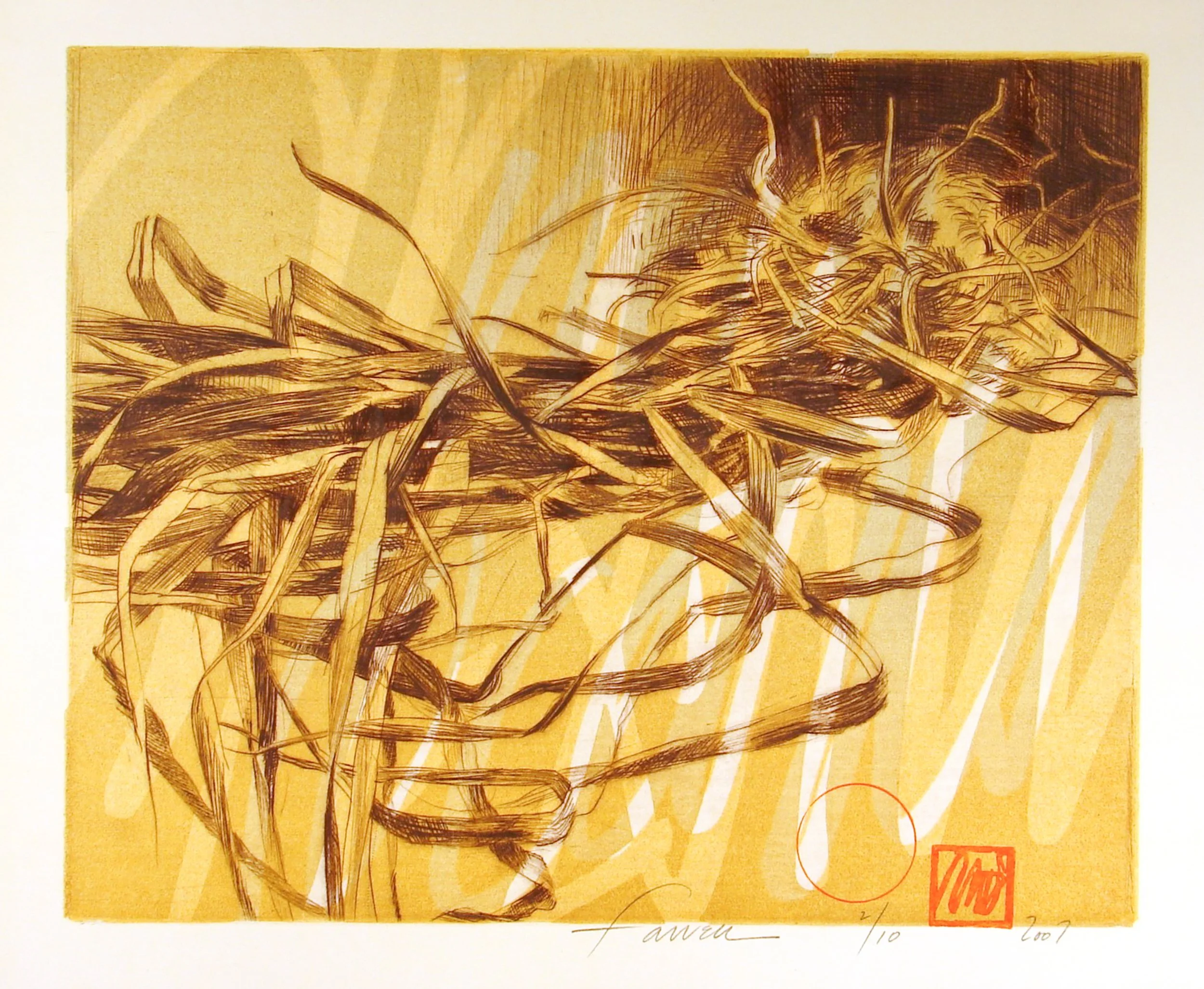 Innuendo, 
Drypoint, woodcut, 8” x 9 ¾”, 2007