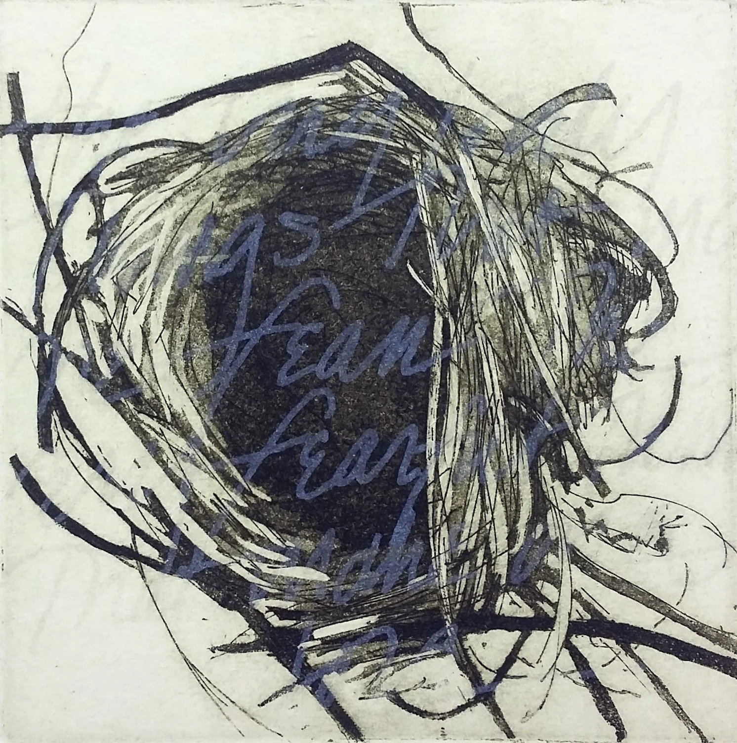 Caress, 
Etching, lithograph, 3” x 3”, 