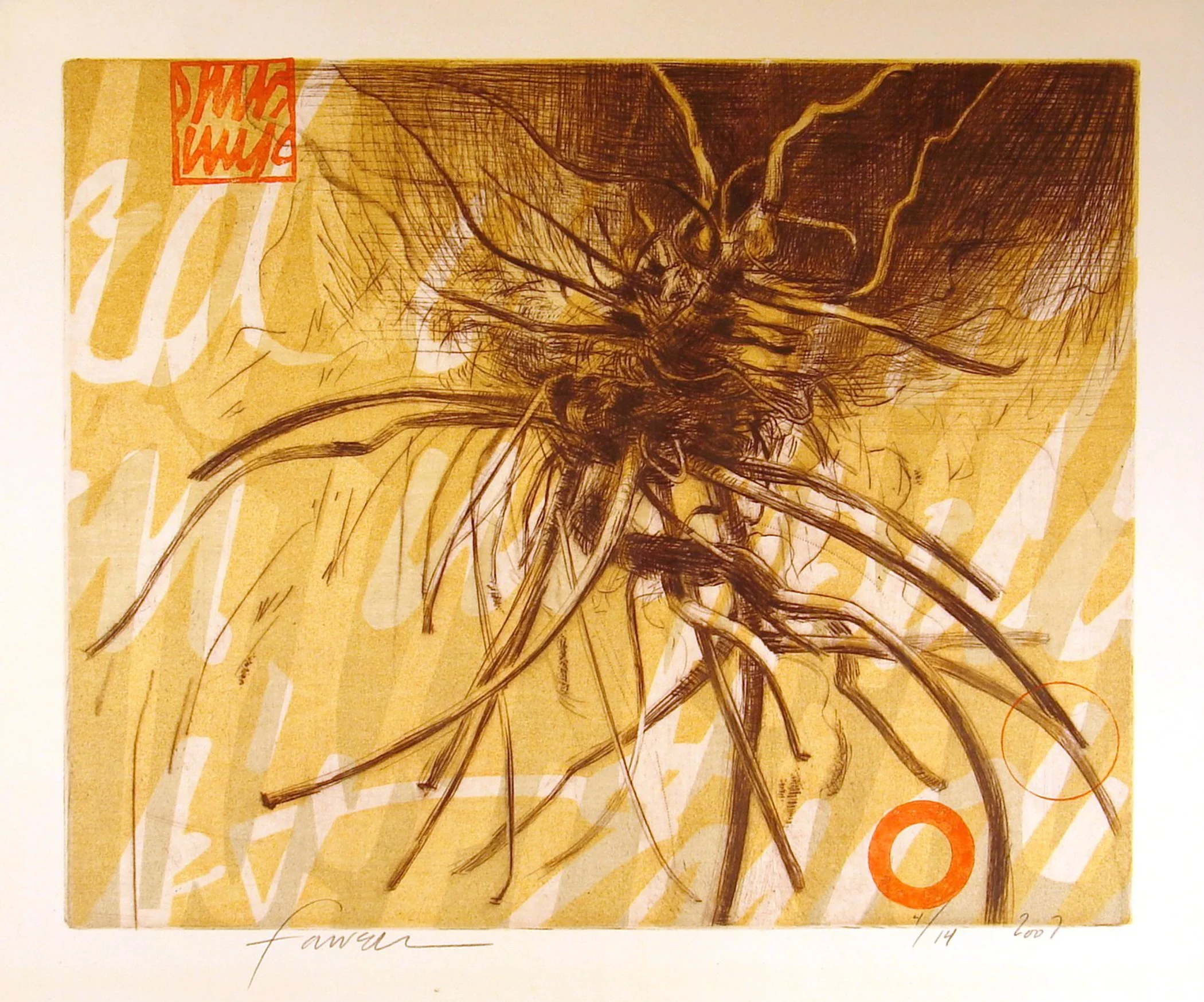 Occupy, 
Drypoint, woodcut, 8” x 9 ¾”, 2007