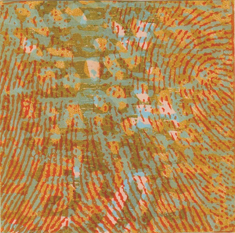 Abstract artwork with red, yellow, light blue, and gold brushstrokes creating a textured pattern.