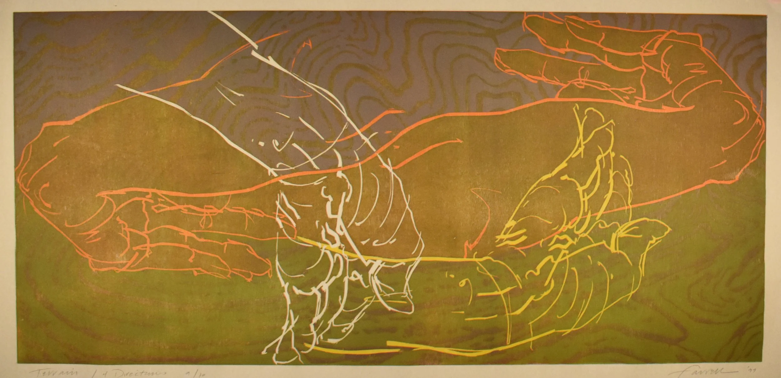 Terrain / The 4 Directions, 
Reduction woodcut, 15” x 32”, 1999