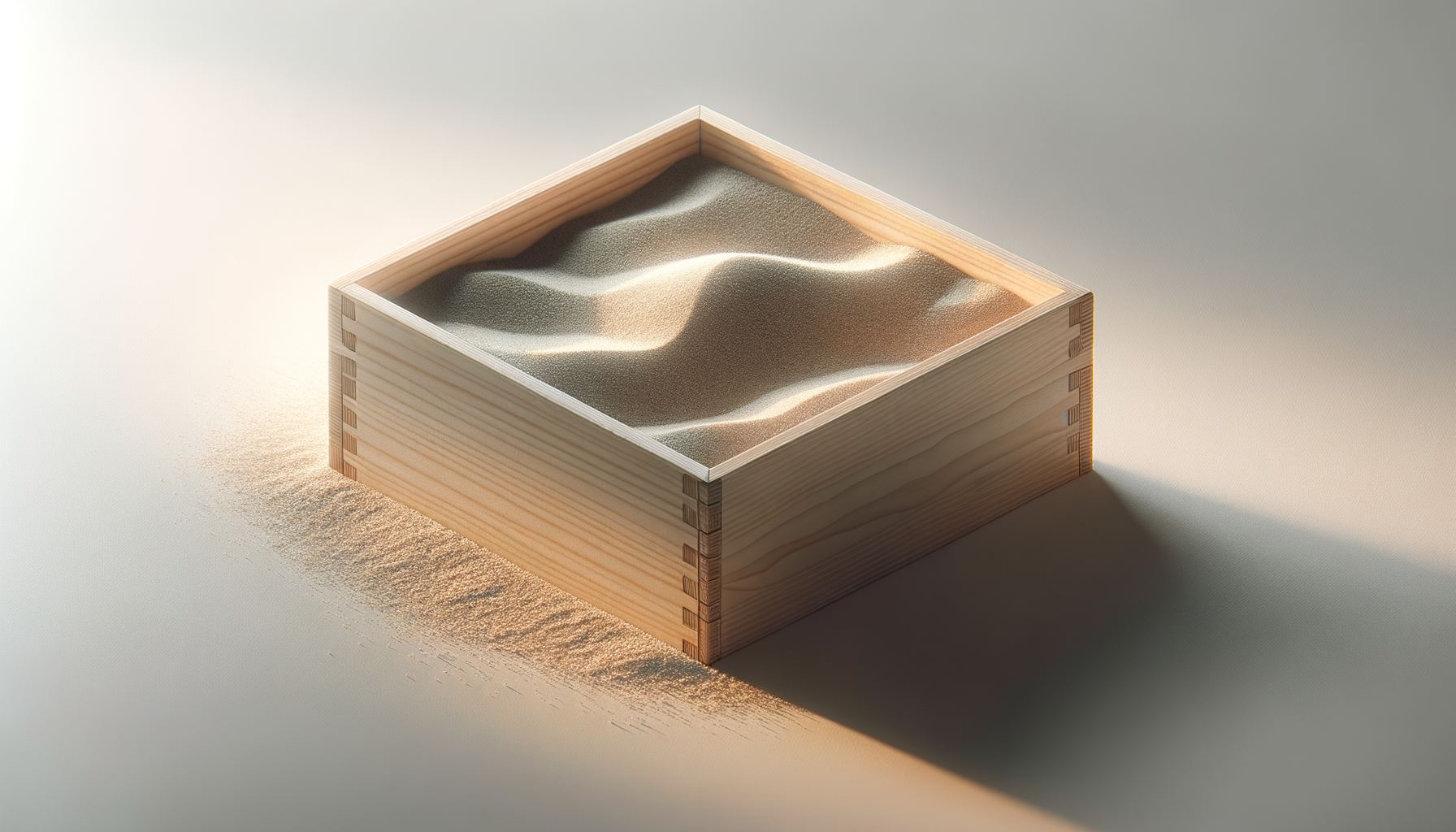 A wooden square box with dovetail joints, filled with sand showing small dunes, on a light surface with soft lighting.