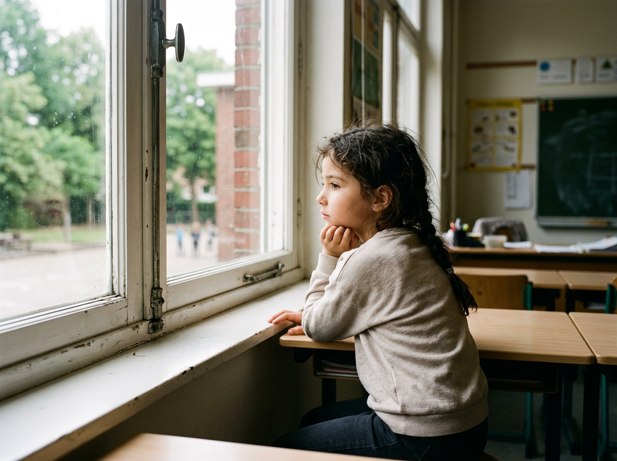 A young girl sitting at a desk in a classroom, looking outside the window with a thoughtful expression.