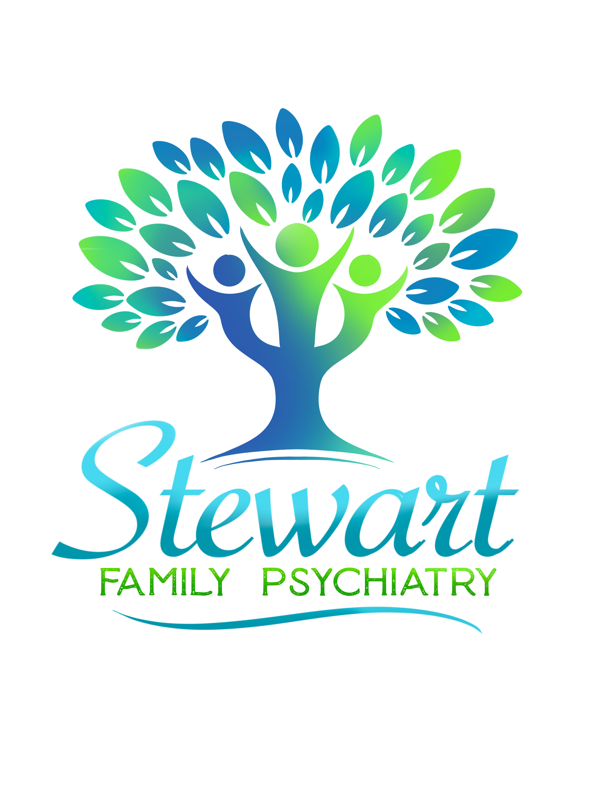Colorful logo with a stylized family tree with green and blue leaves above the word 'Stewart' in a script font, and the phrase 'family psychiatry' in smaller yellow text below.