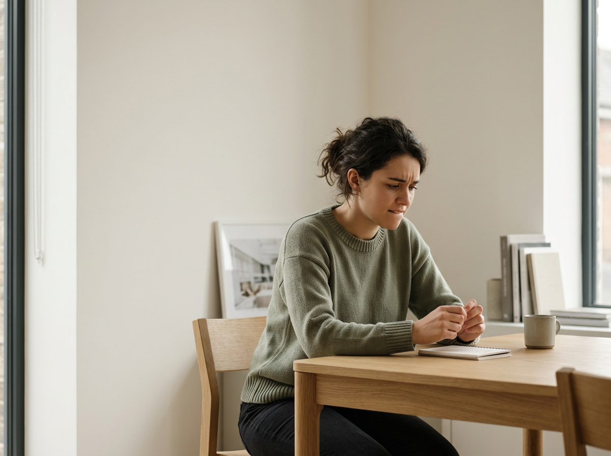 A young woman with dark curly hair sits at a wooden table, looking concerned or thoughtful, with a notebook and a mug in front of her in a bright, minimalistic room.