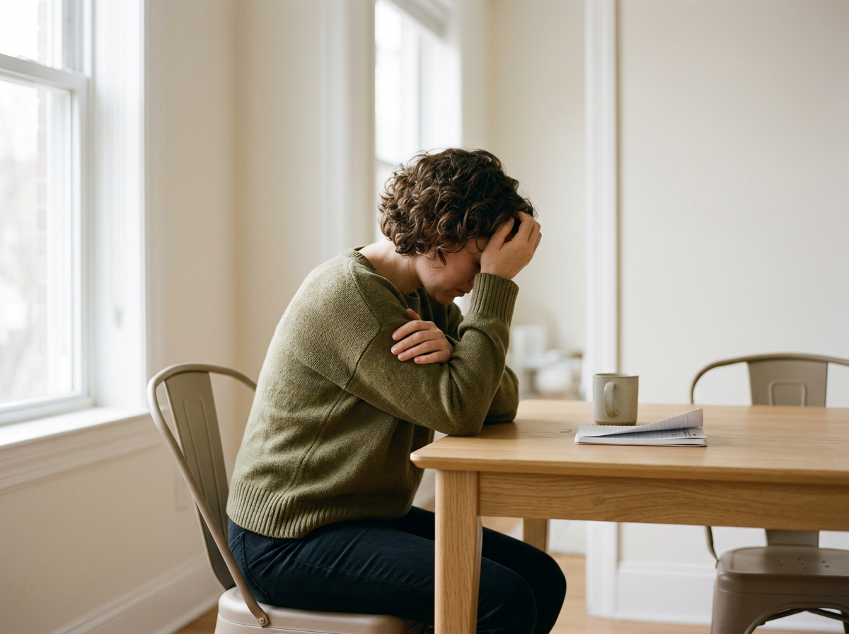 A woman sitting at a wooden table with her head in her hand, looking distressed, with a mug and papers in front of her, in a bright room with large windows.