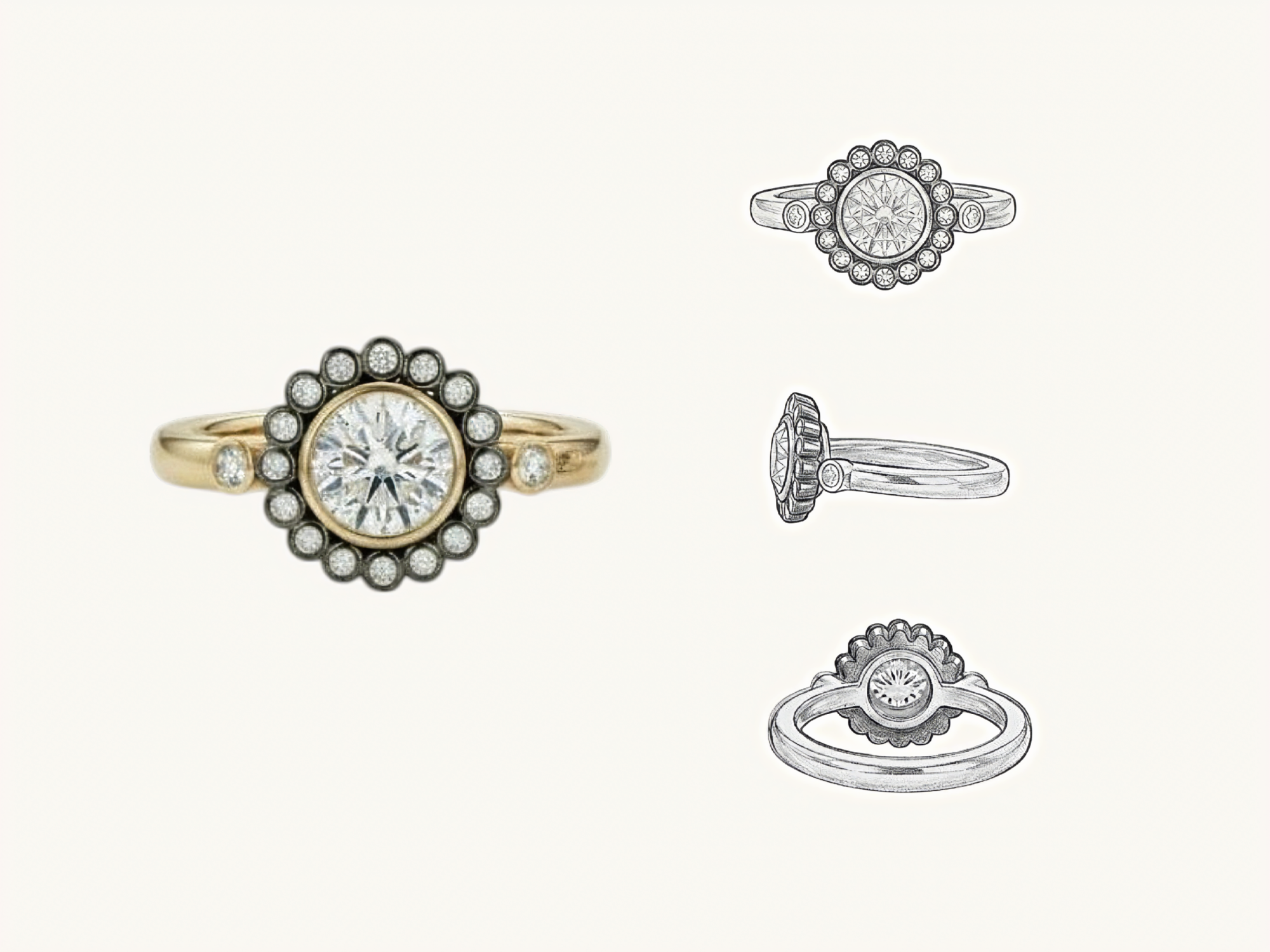 Two diamond engagement rings, one with a round center stone surrounded by smaller diamonds, displayed against a white background with sketches of rings.