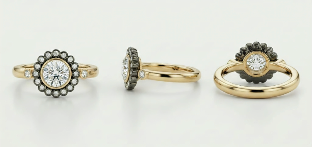 Three gold rings with prominent round diamonds, one with black and white accents, displayed from front, side, and top views.