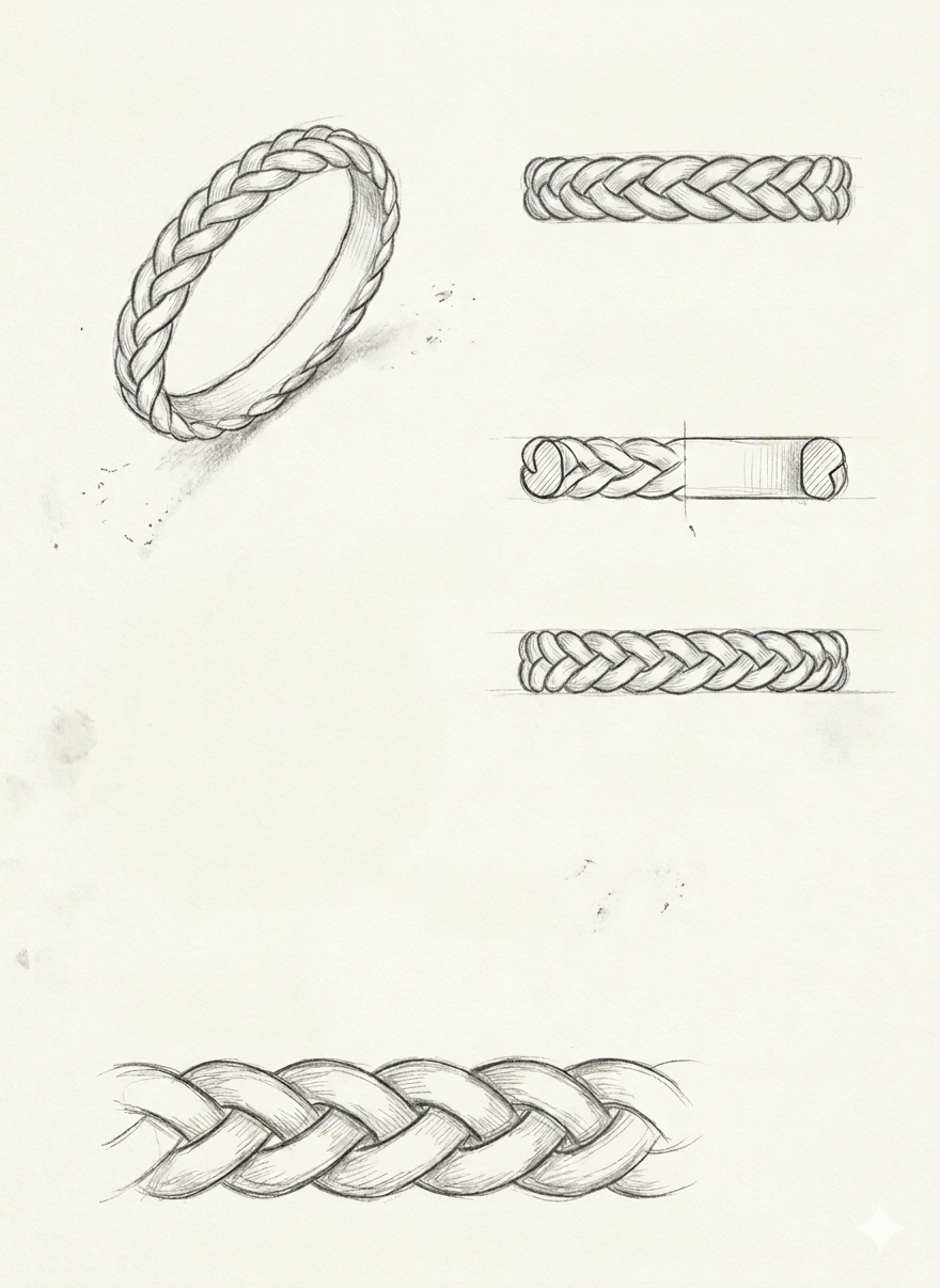 Sketches of a braided rope bracelet, including a top view, side view, cross section, and a close-up of the braid pattern.