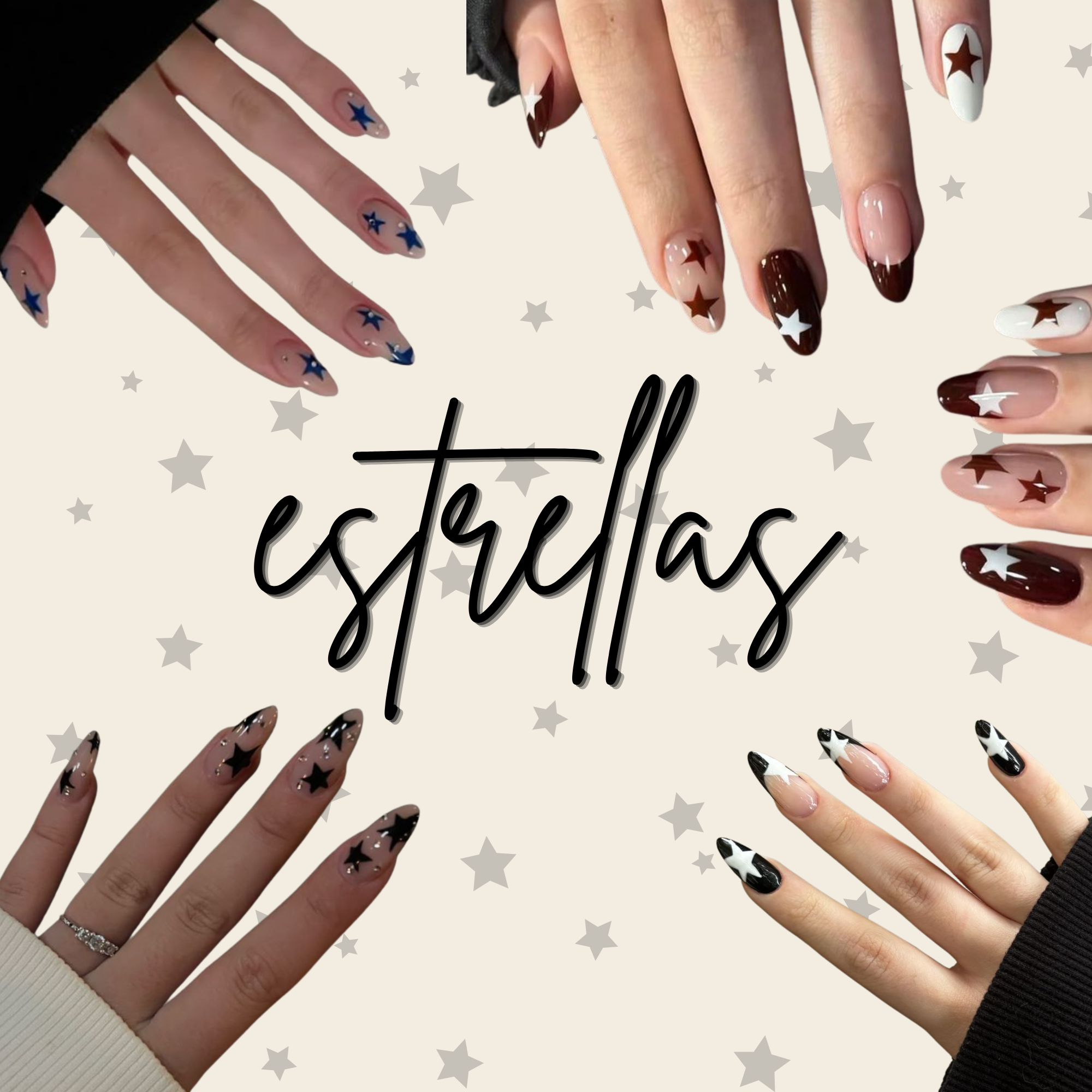 Manos con uñas decoradas con estrellas de colores diferentes, sobre fondo con estrellas grises y texto en cursiva