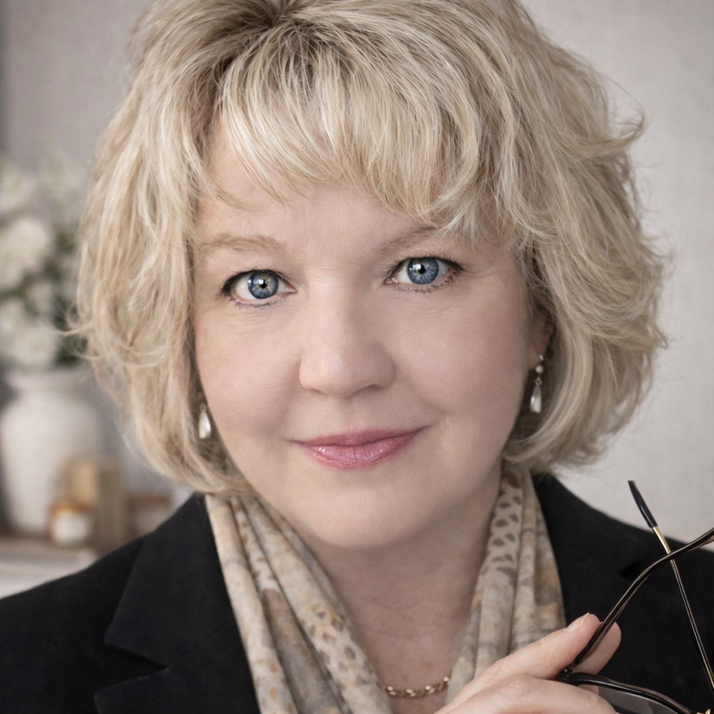 Close-up portrait of a middle-aged woman with curly blonde hair, blue eyes, and a warm smile, holding glasses, wearing earrings, a scarf, and a black blazer.