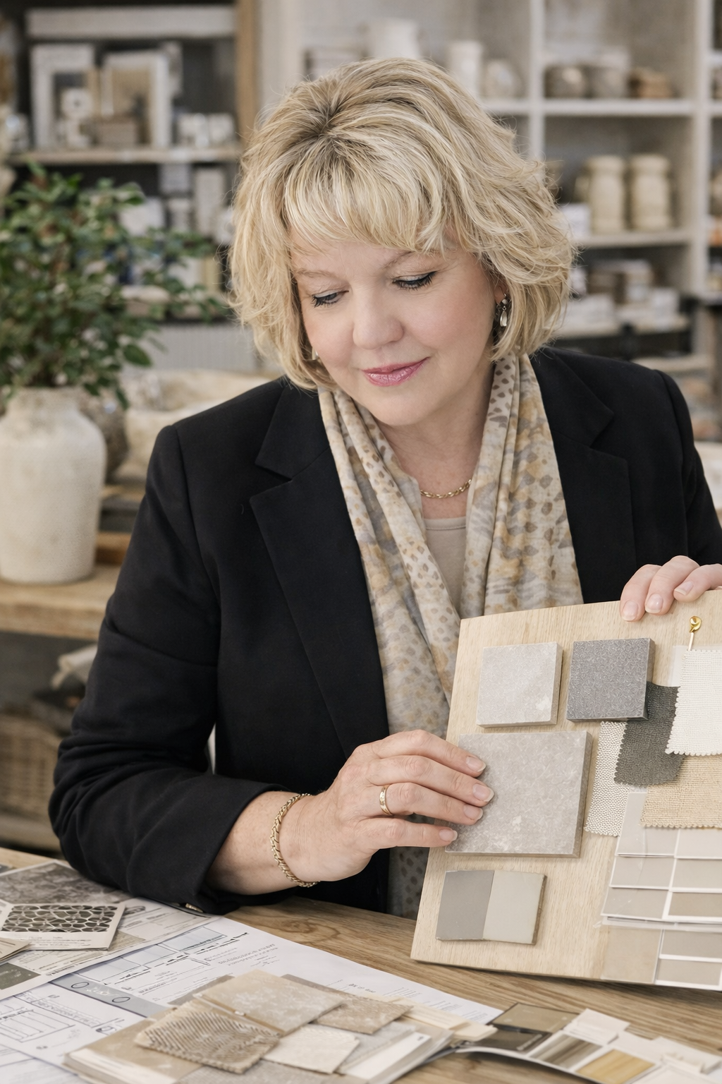 A woman with short blonde hair looking at a sample board with various fabric and tile swatches in a store or design studio.