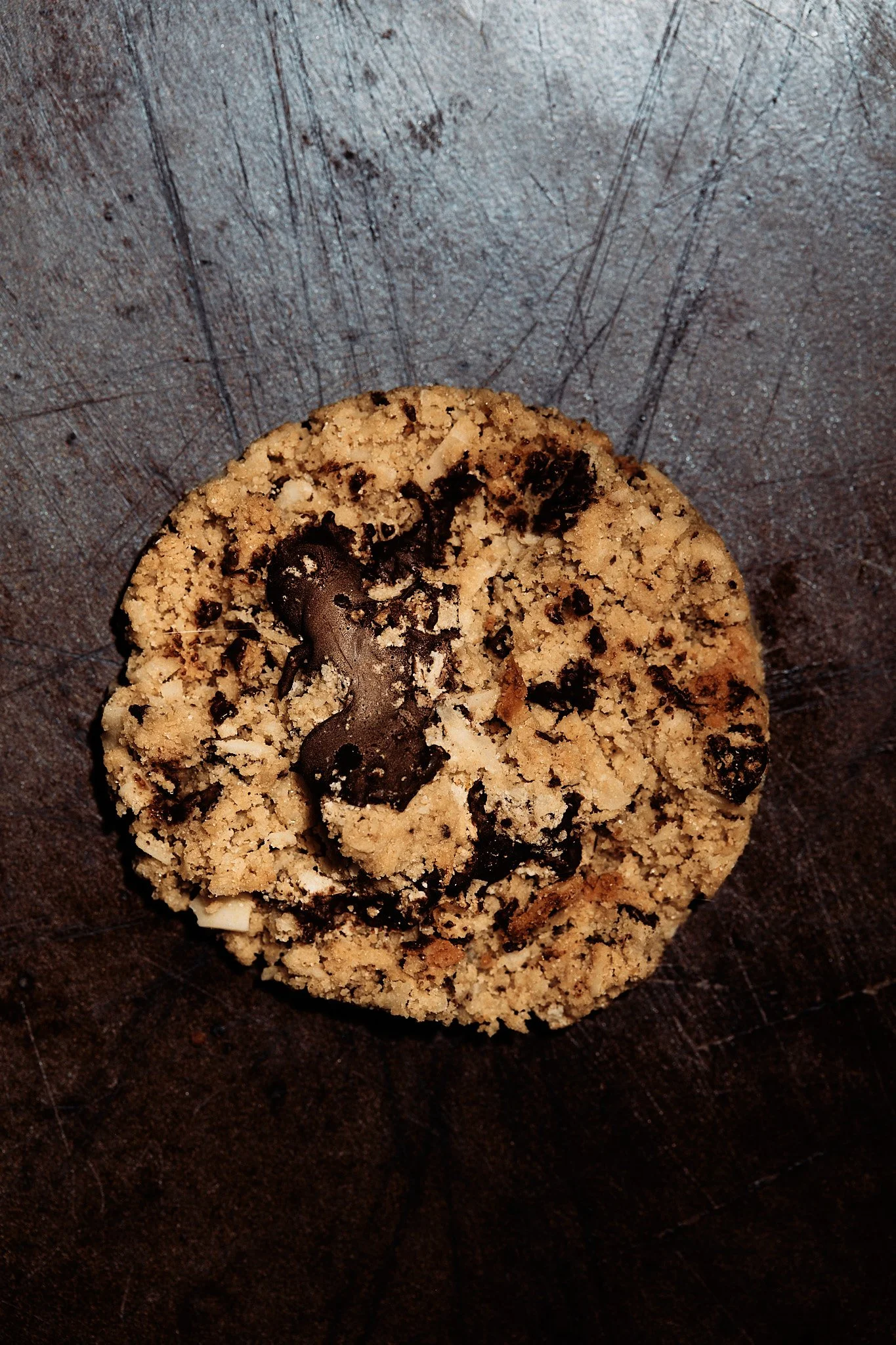 Close-up of a chocolate chip cookie on a dark, textured surface.