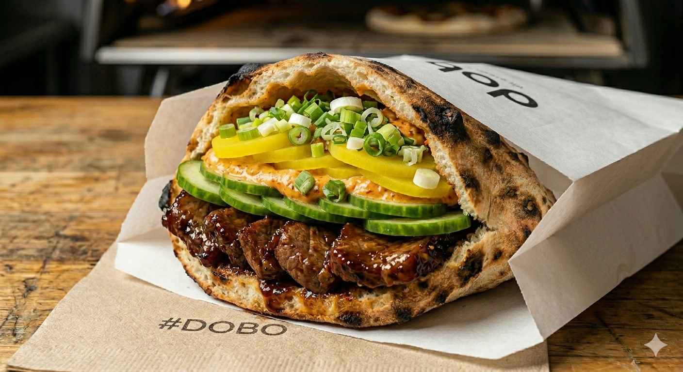 Adobo sandwich with grilled meat, sliced cucumbers, pickled radish, green onions, and kimchi aioli in a toasted flatbread
