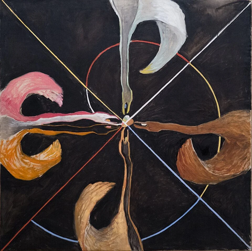 Abstract painting, radial forms on black