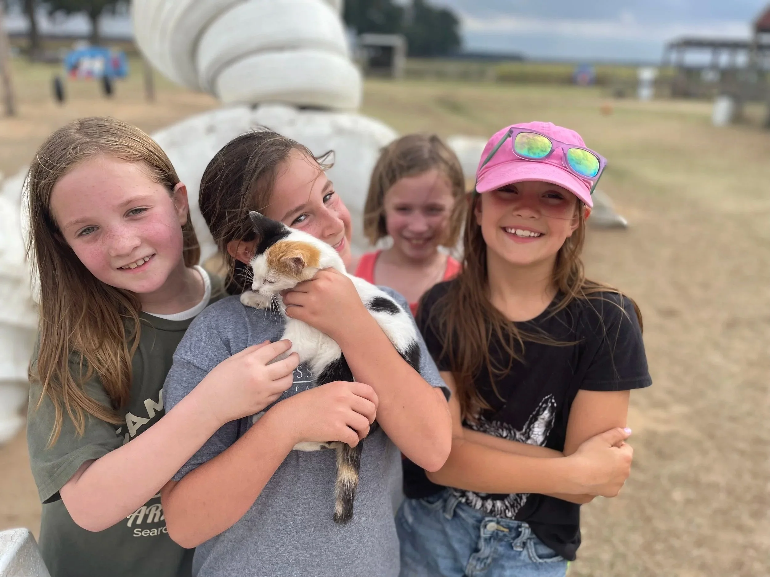 Four young girls standing outdoors at a farm or petting zoo, holding a calico kitten, with a large white silo and farm equipment in the background, under cloudy skies.