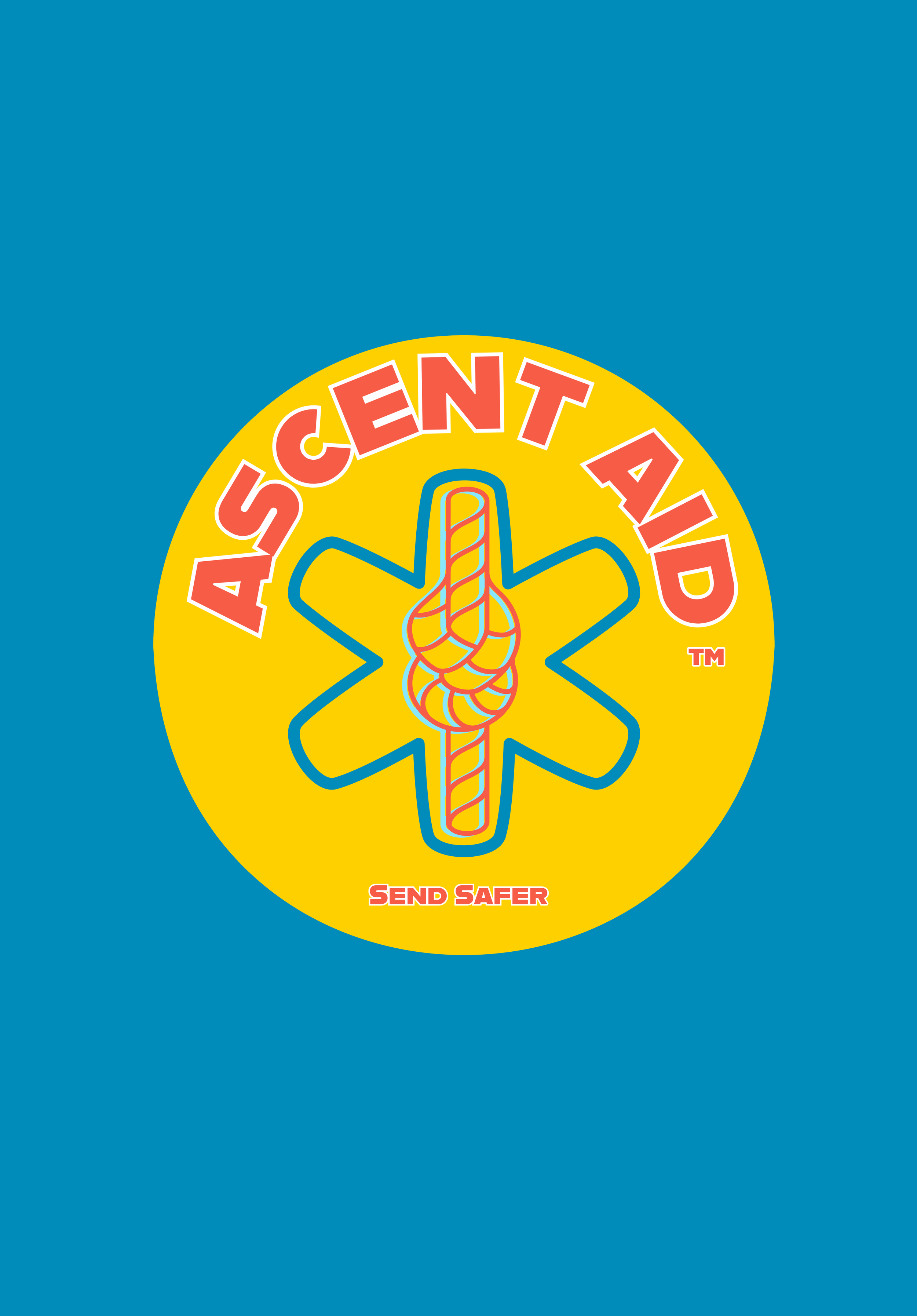 Safety poster with a blue background, a yellow circle, and a red and yellow logo in the center featuring a firefighter's helmet and a rope. The text reads 'Austent Aid' at the top and 'Send Safer' at the bottom.