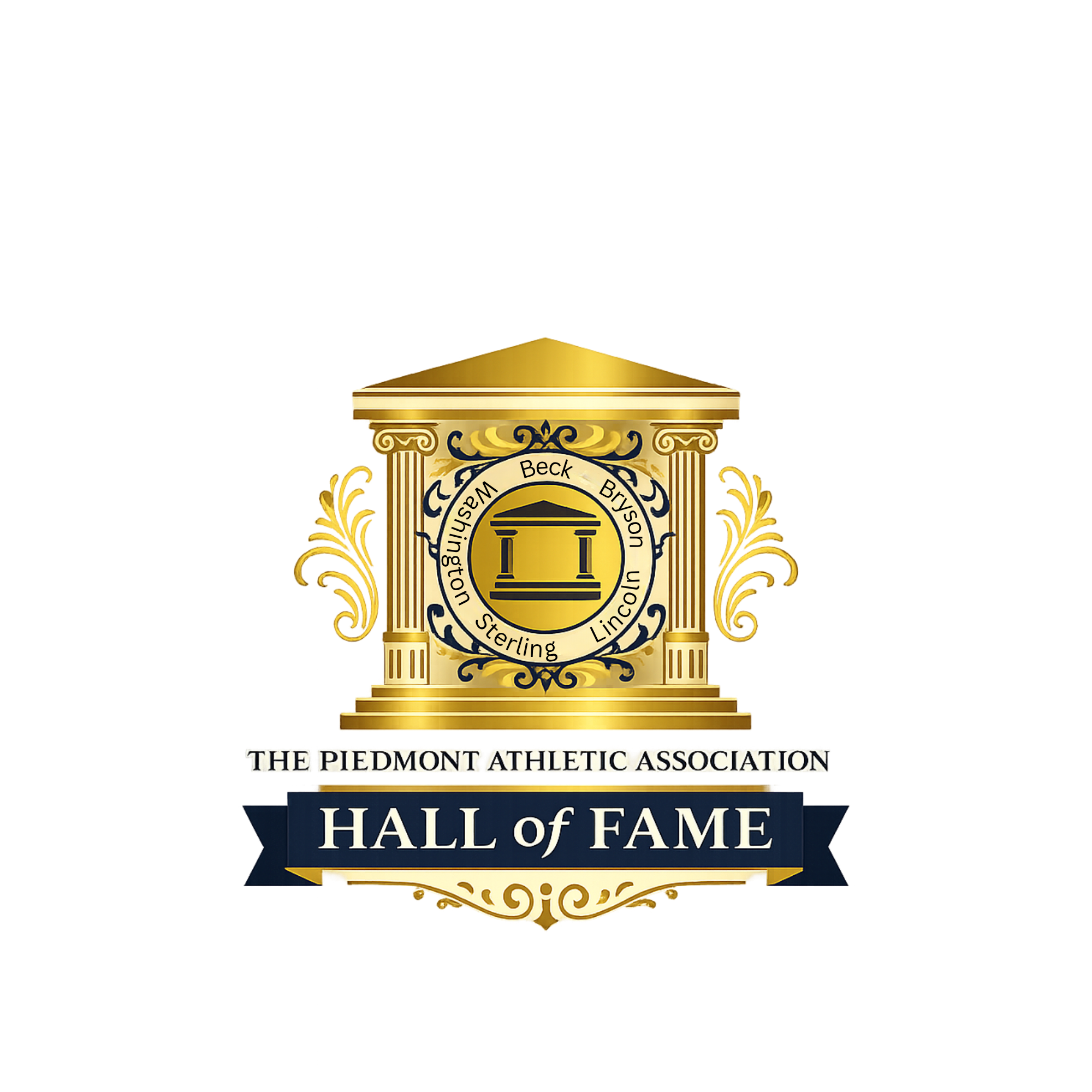 Gold and navy emblem with the words 'Hall of Fame' and 'The Piedmont Athletic Association' above and below, featuring a pyramid design and decorative laurel accents.
