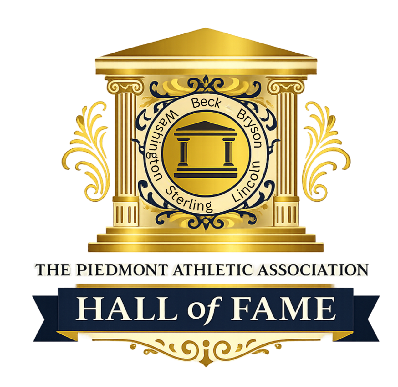 Gold and navy crest for the Piedmont Athletic Association Hall of Fame, featuring columns, a building icon, and text.
