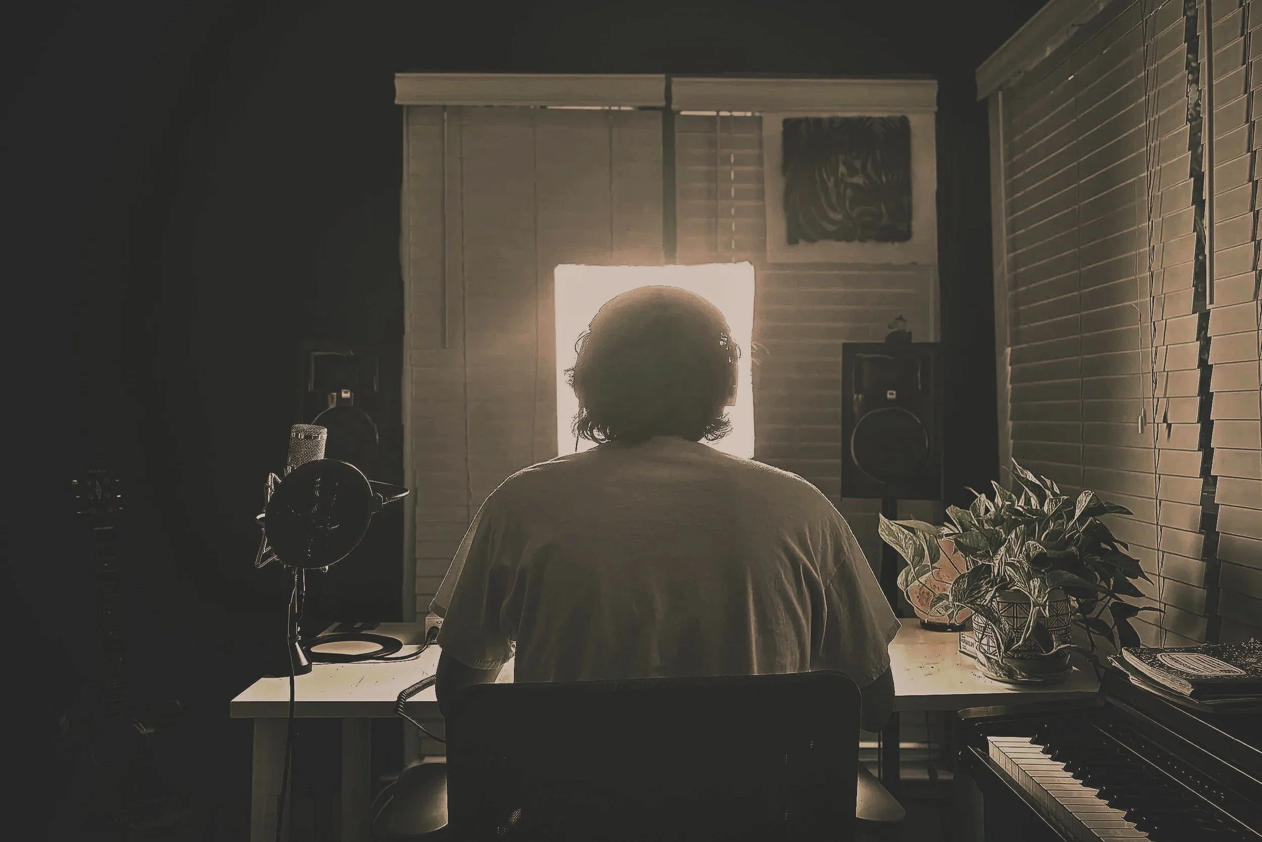 Person sitting in front of a bright window with blinds, facing away, surrounded by music equipment, plants, and a keyboard.