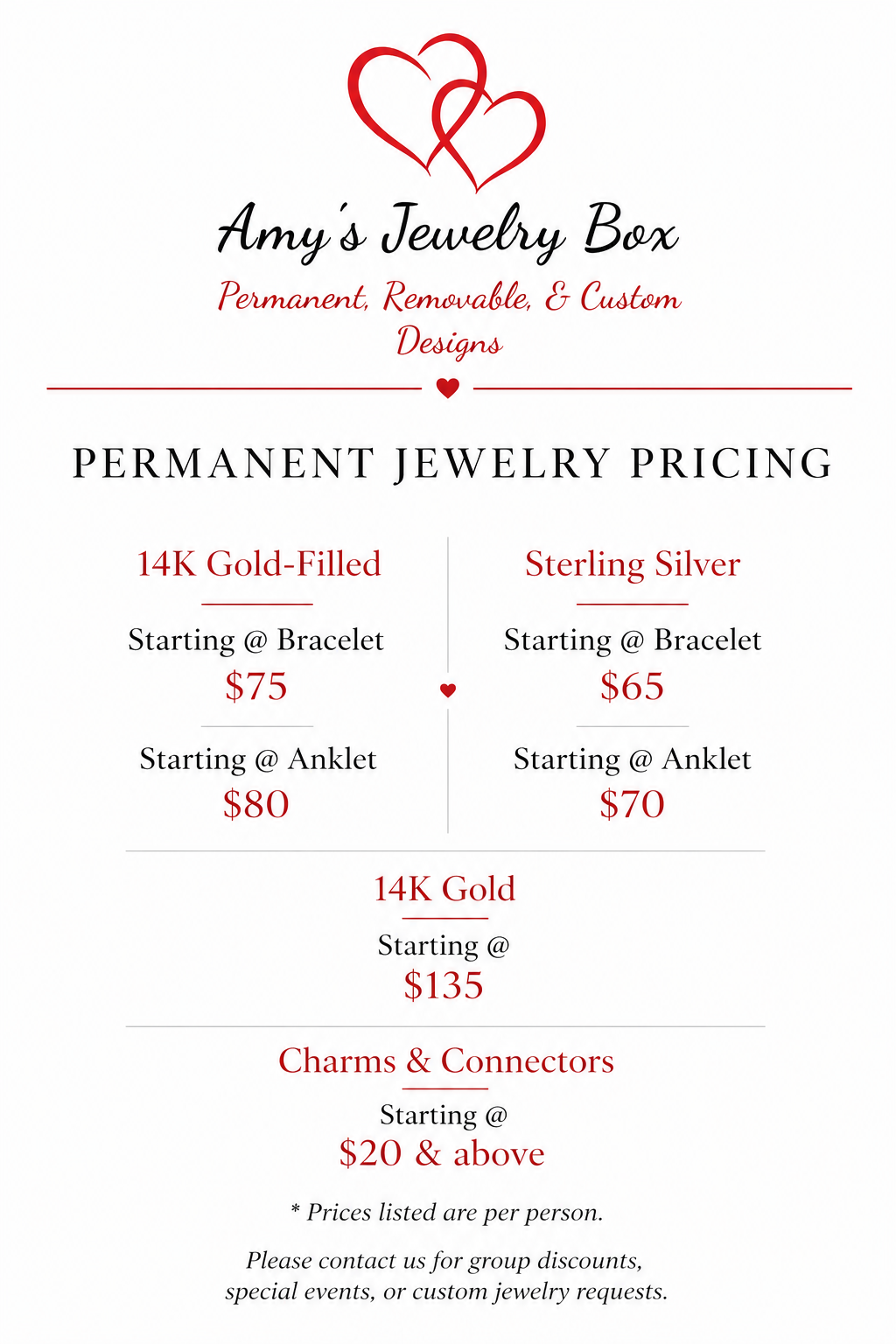 A price list for Amy's Jewelry Box featuring permanent jewelry options, including 14K gold-filled, sterling silver, 14K gold, Charms & Connectors, with starting prices for bracelets and anklets, and a note about custom requests and group discounts.