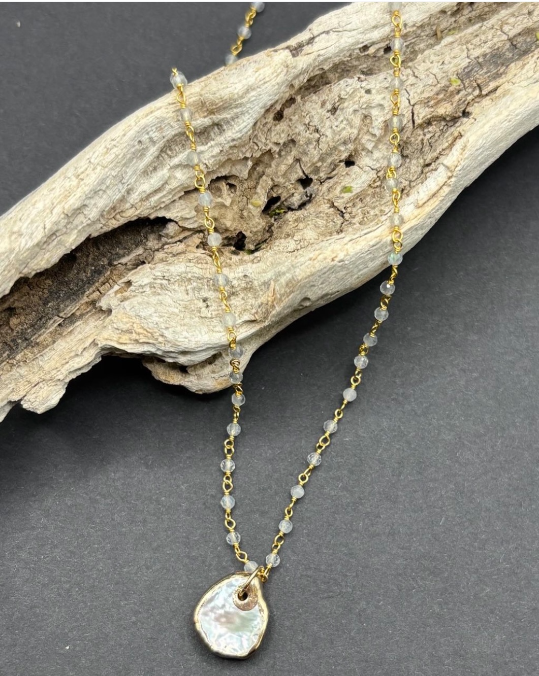 Gold necklace with small beads and a large shell pendant, draped over a piece of weathered driftwood on a black background.