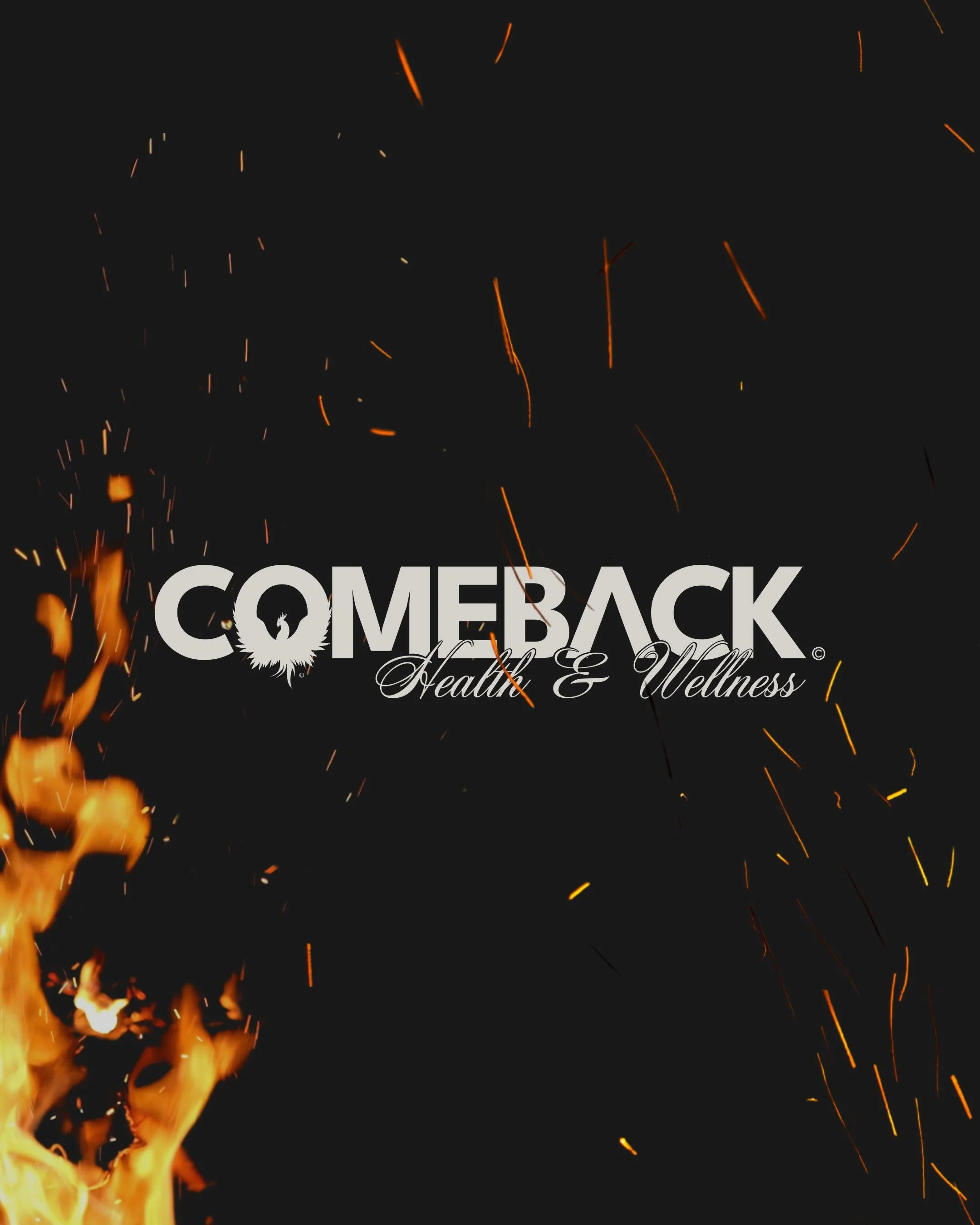 Sparks and flames in a dark background, with partially visible white text: 'COMING BACK'.