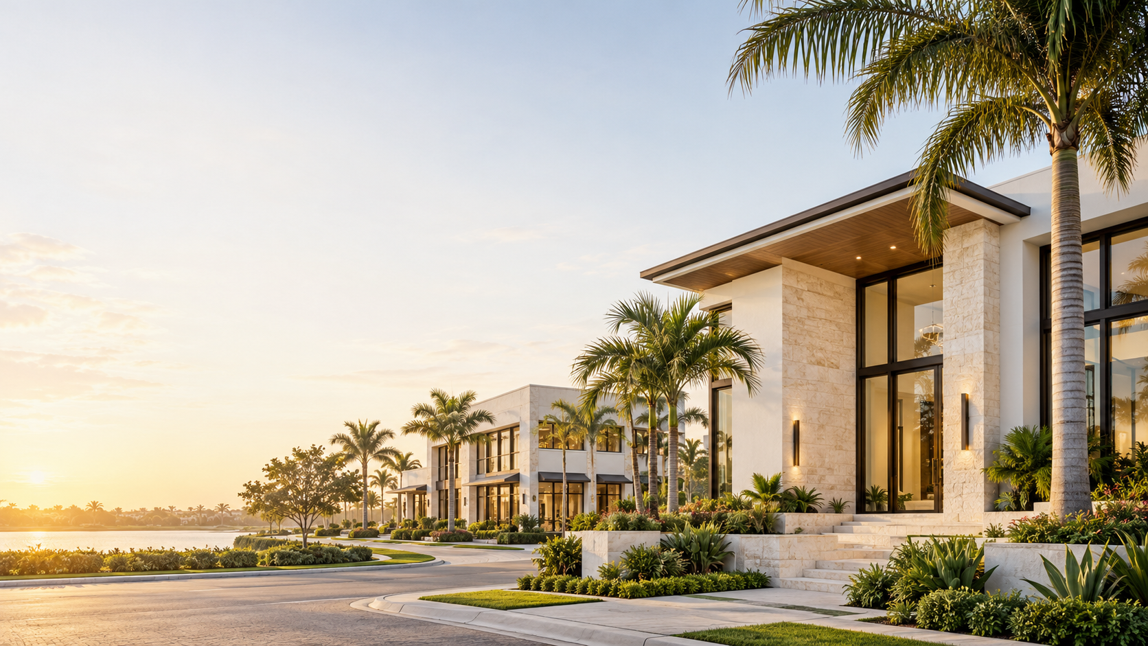 Architectural concept artwork of modern coastal residential and commercial buildings with Florida palms.