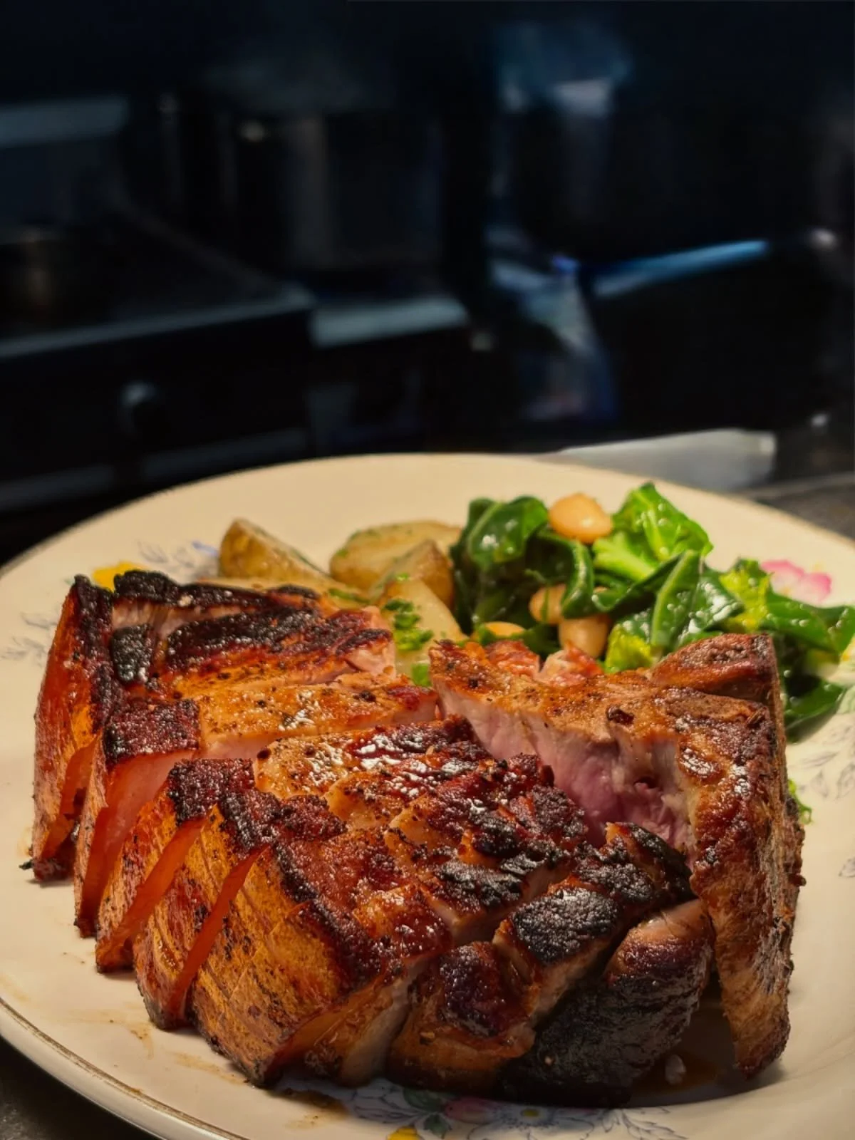 &bull;Cider Brined Pork T Bone For 2, Muscavado Baked Apples, Spring Greens and Pembrokeshire New Potatoes&bull;