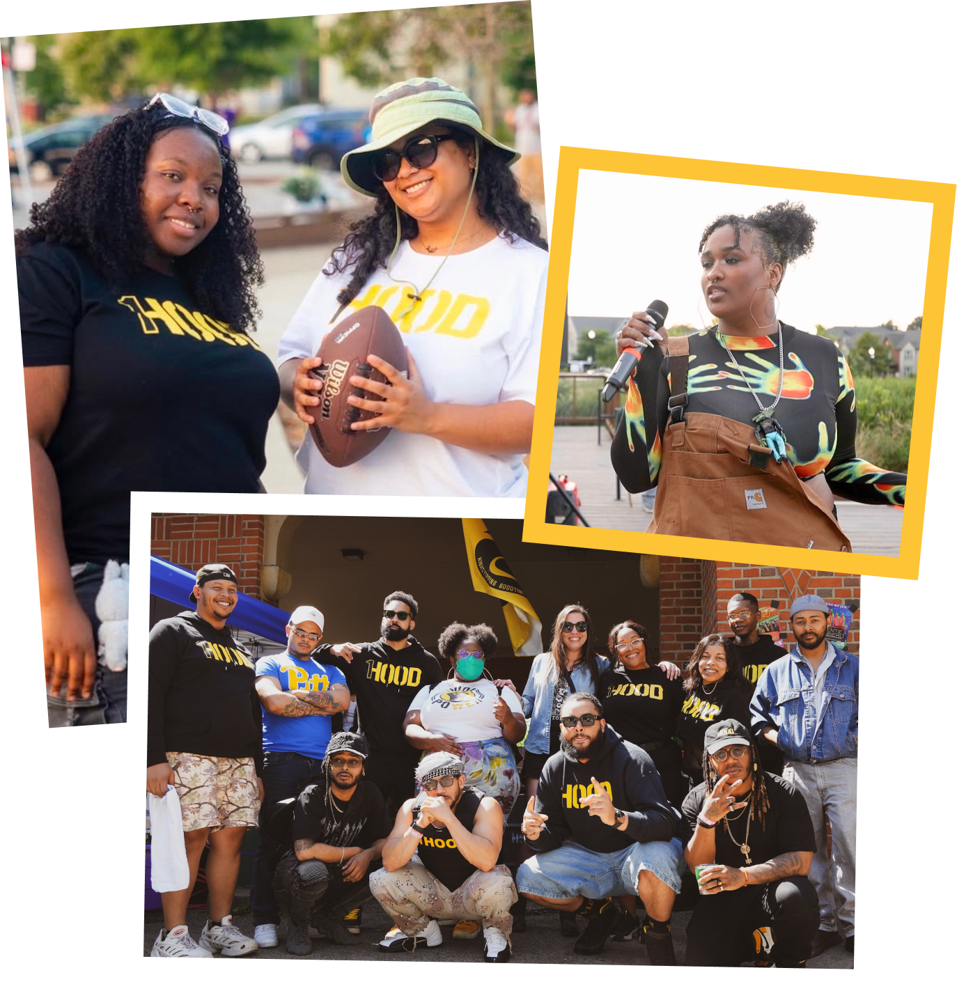 Group of diverse people at an outdoor event, some wearing 1Hood merch, smiling and posing for a photo.